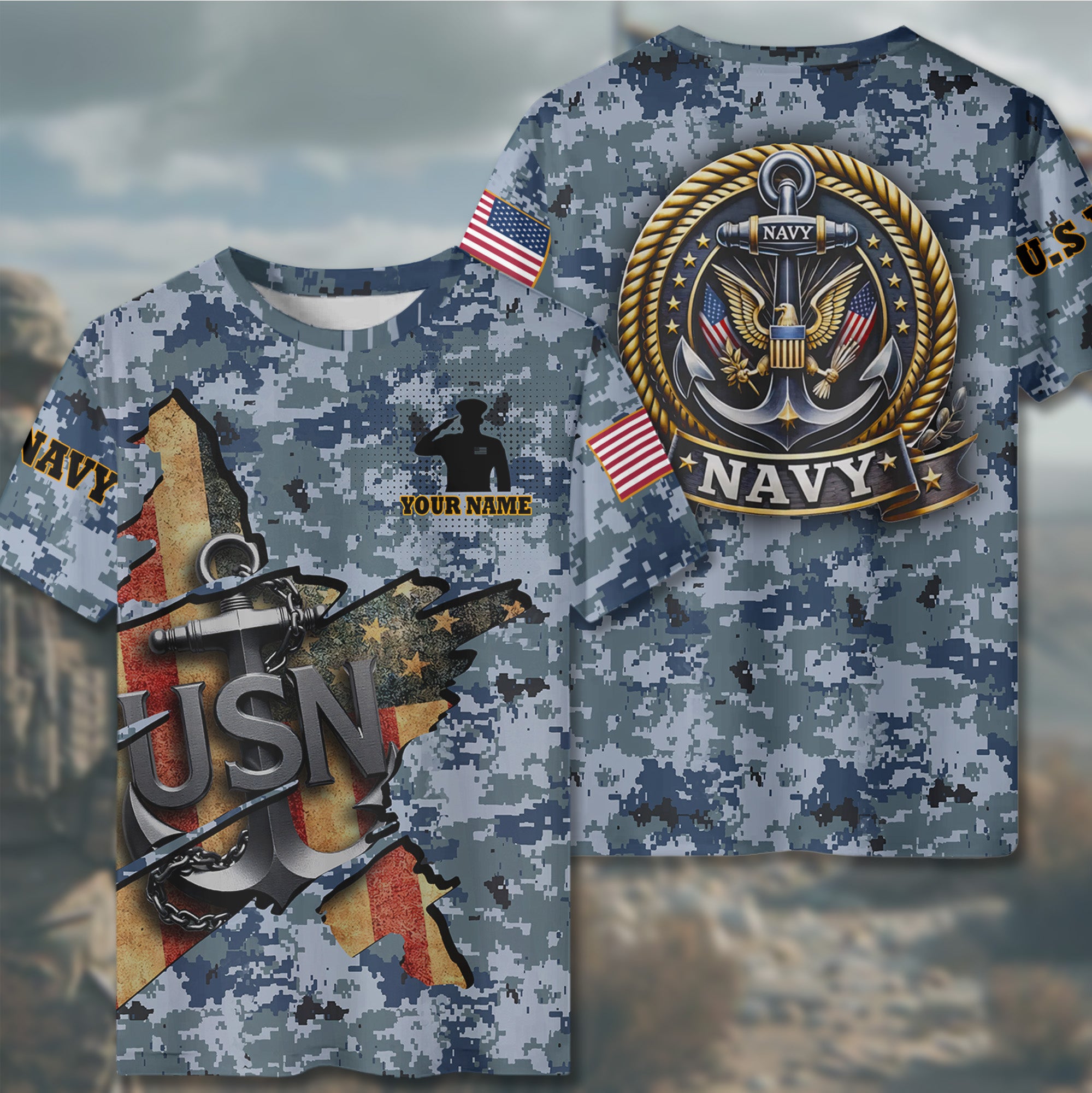 US Navy Military Patriotic Veteran American Flag Honor Service All-over Print Personalized T-Shirt