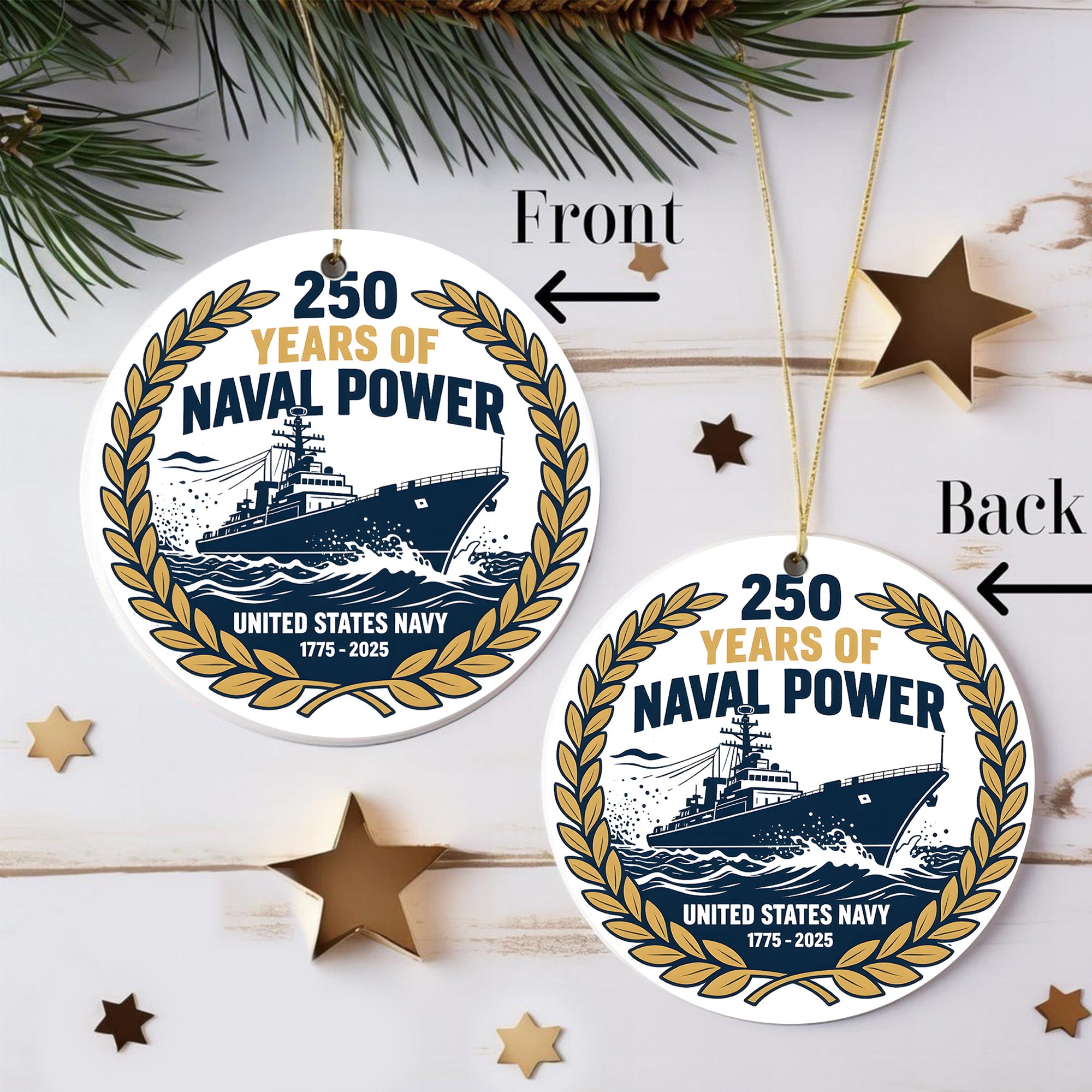 250 Years of Naval Power United States Navy 1775 2025 Military Patriotic Veteran Ornament