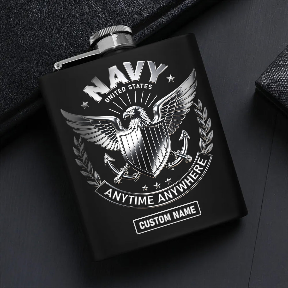 United States Navy Anytime Anywhere Military Patriotic Veteran Personalized Hip Flask Set Main image