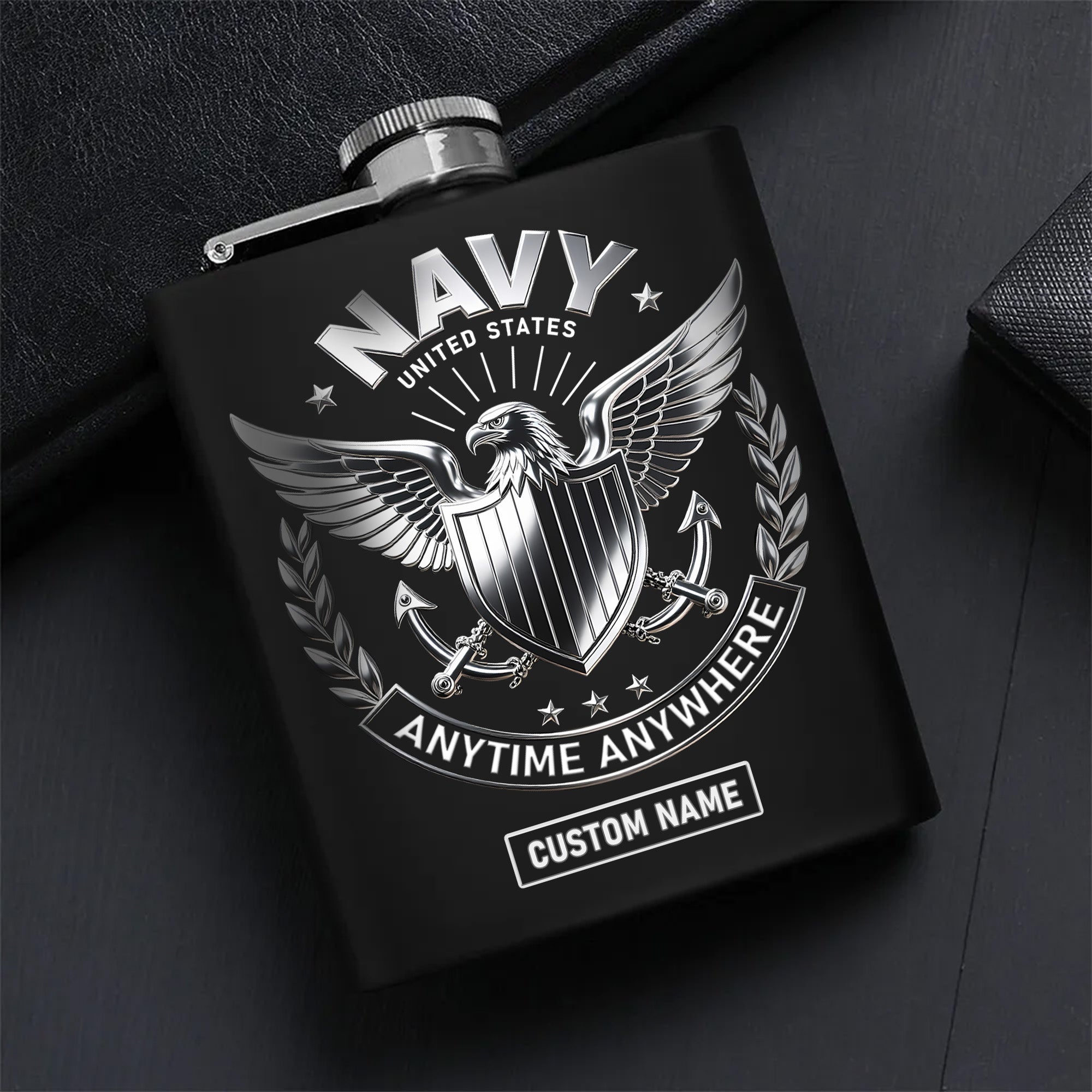 United States Navy Anytime Anywhere Military Patriotic Veteran Personalized Hip Flask Set