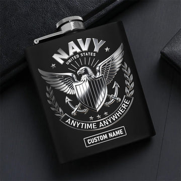 United States Navy Anytime Anywhere Military Patriotic Veteran Personalized Hip Flask Set