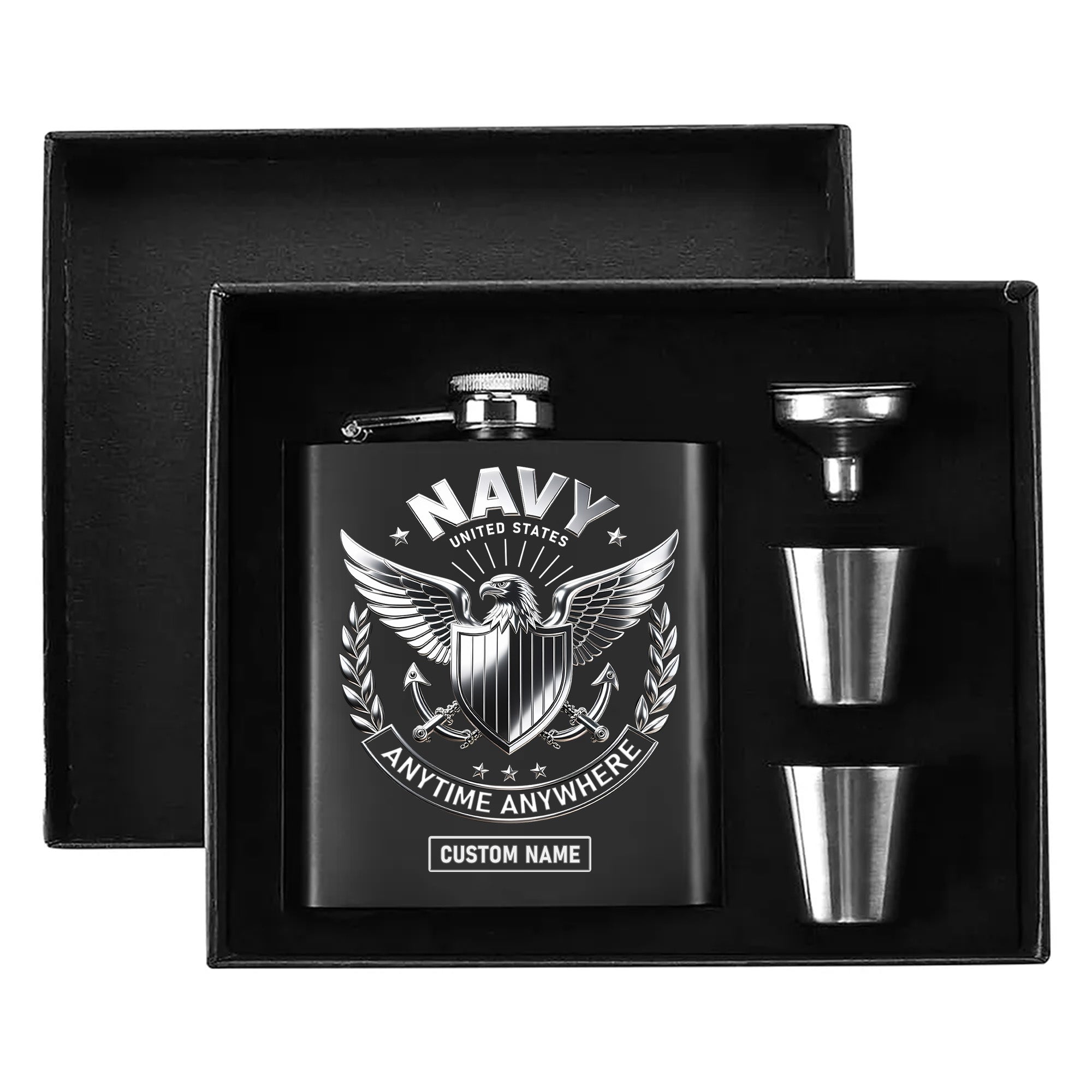 United States Navy Anytime Anywhere Military Patriotic Veteran Personalized Hip Flask Set