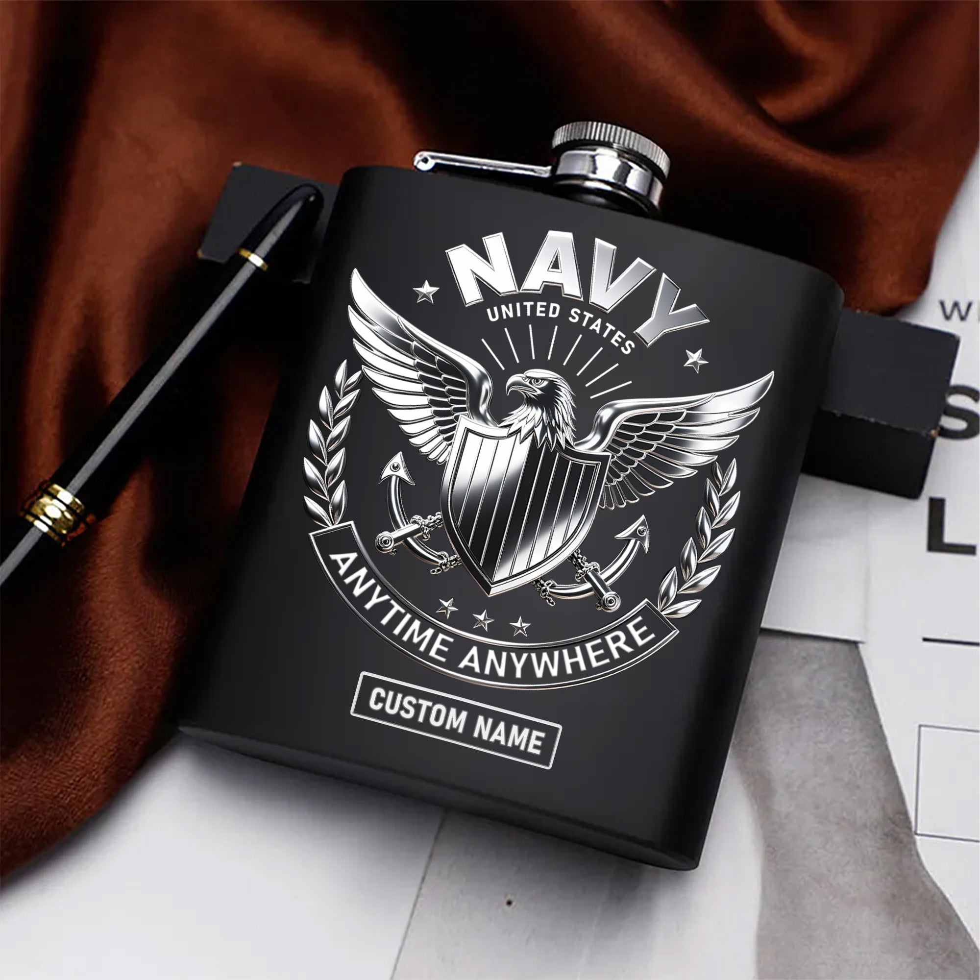 United States Navy Anytime Anywhere Military Patriotic Veteran Personalized Hip Flask Set