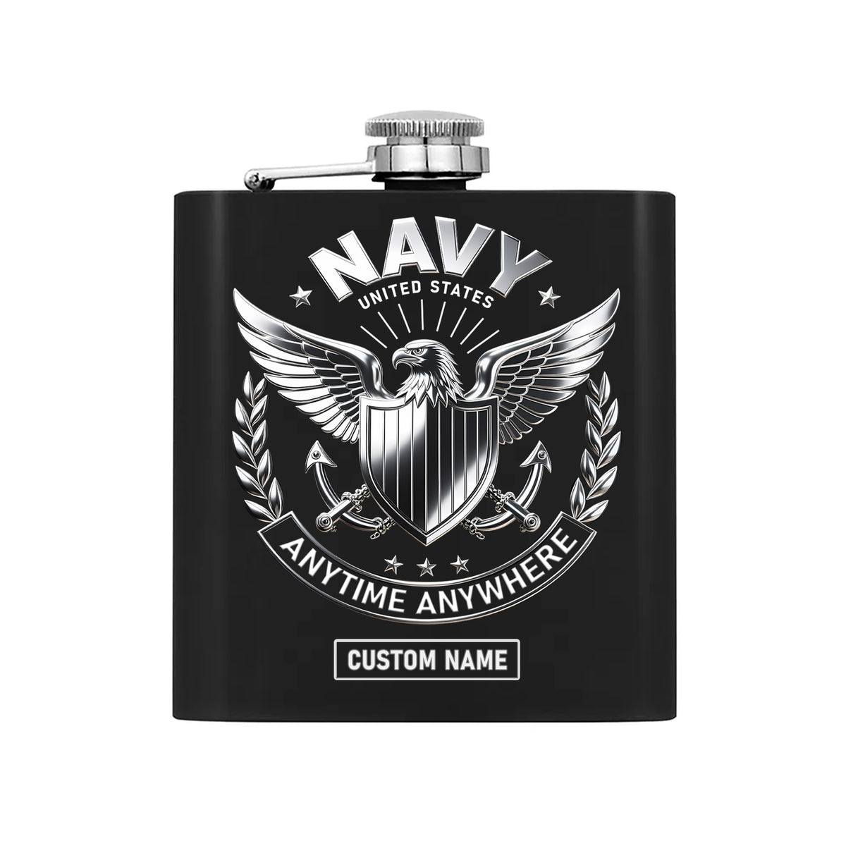 United States Navy Anytime Anywhere Military Patriotic Veteran Personalized Hip Flask Set