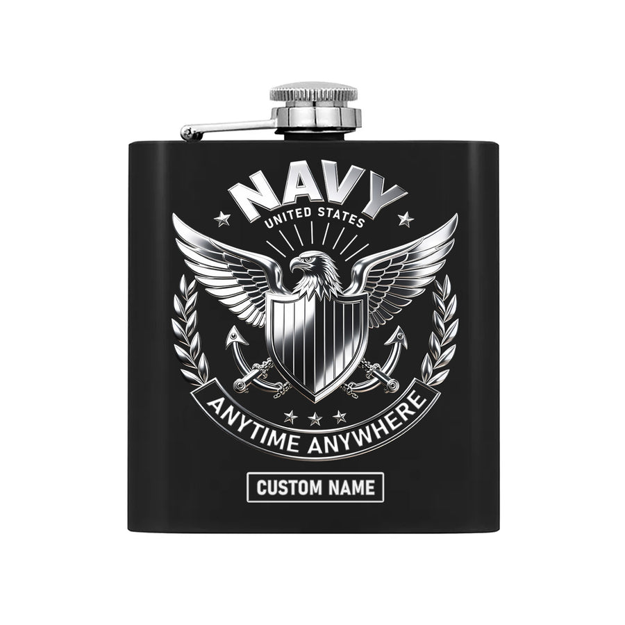 United States Navy Anytime Anywhere Military Patriotic Veteran Personalized Hip Flask Set
