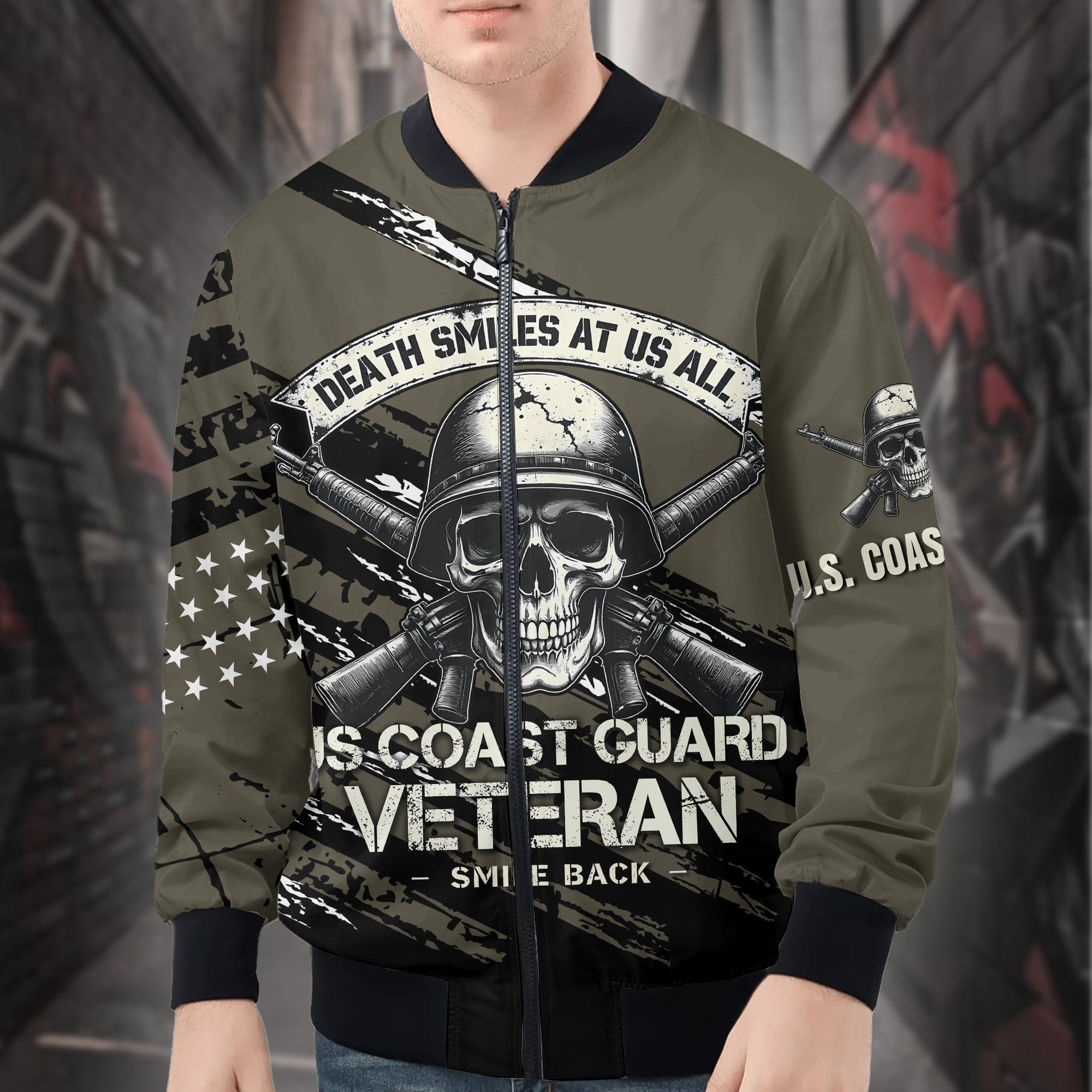 Death Smiles at Us All U.S. Veteran Smile Back Our Job Is to Defend Not to Appease All-over Print Bomber Jacket
