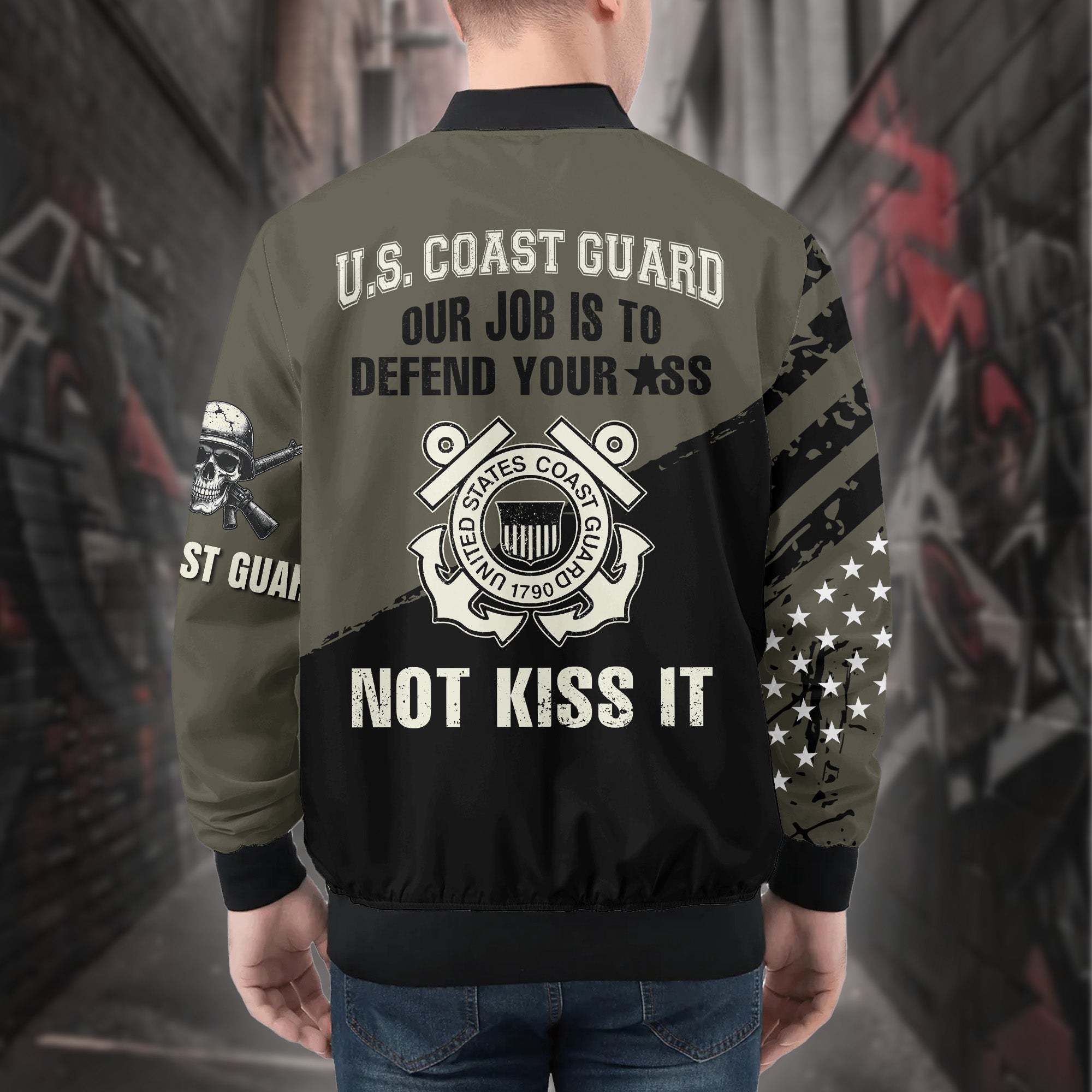 Death Smiles at Us All U.S. Veteran Smile Back Our Job Is to Defend Not to Appease All-over Print Bomber Jacket