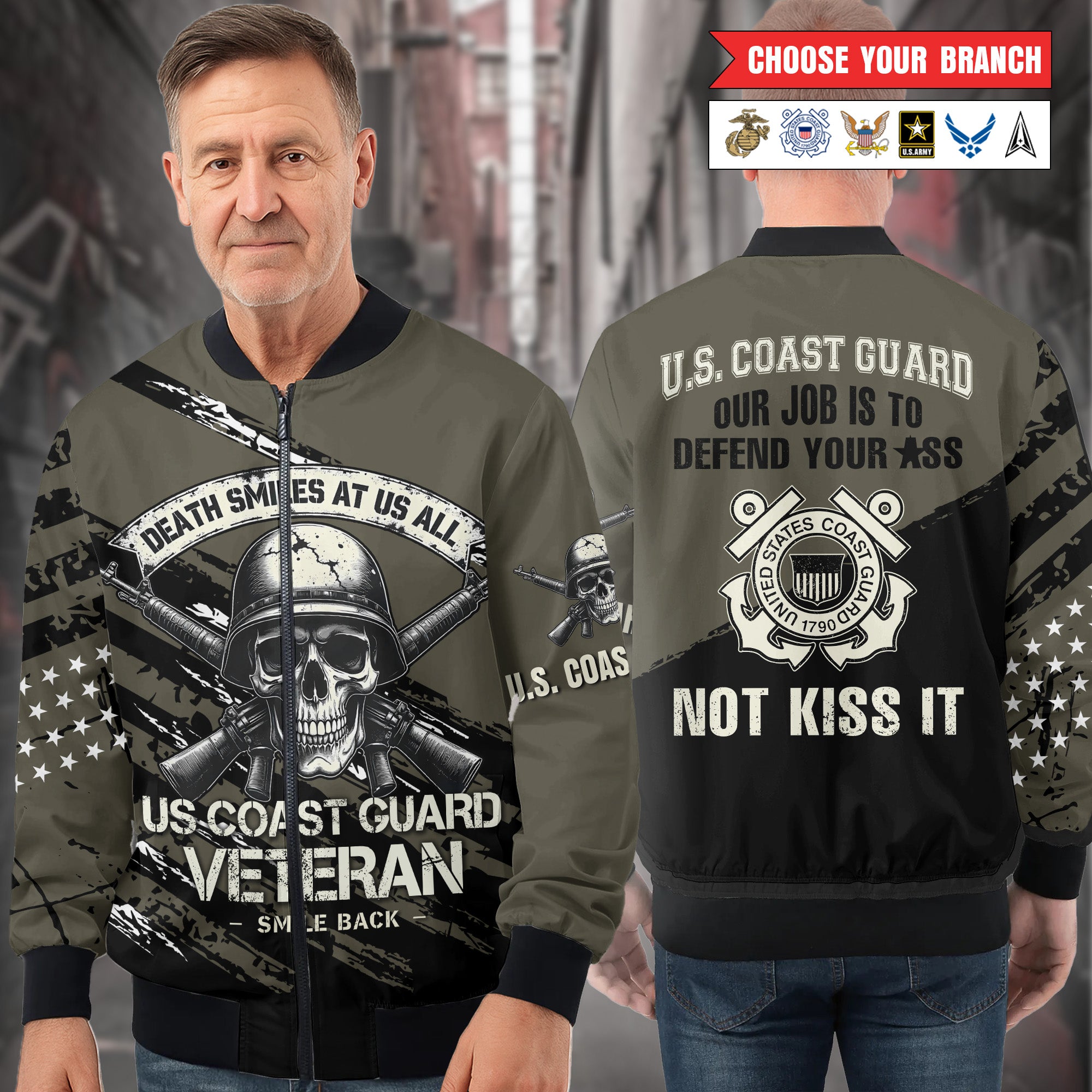 Death Smiles at Us All U.S. Veteran Smile Back Our Job Is to Defend Not to Appease All-over Print Bomber Jacket