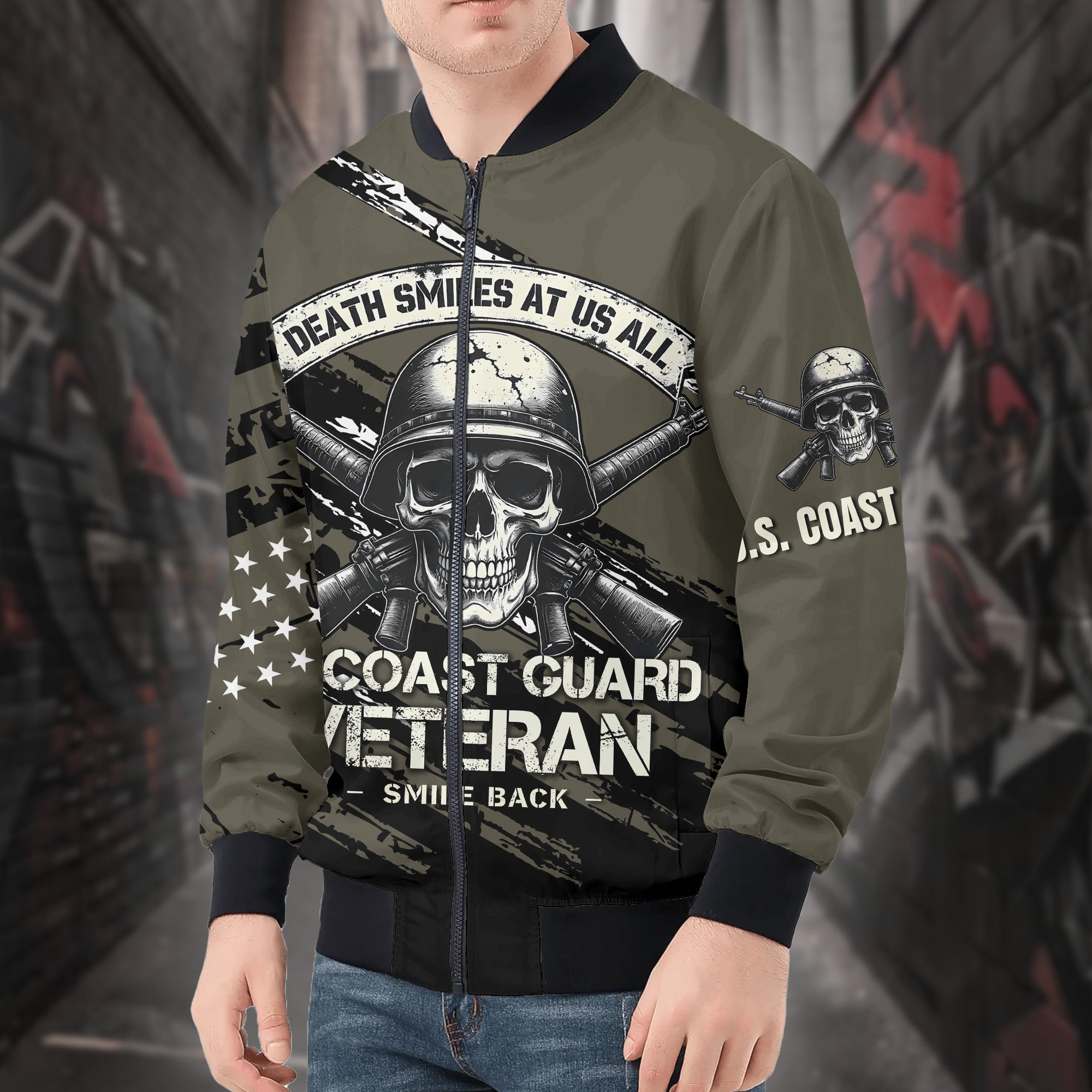 Death Smiles at Us All U.S. Veteran Smile Back Our Job Is to Defend Not to Appease All-over Print Bomber Jacket