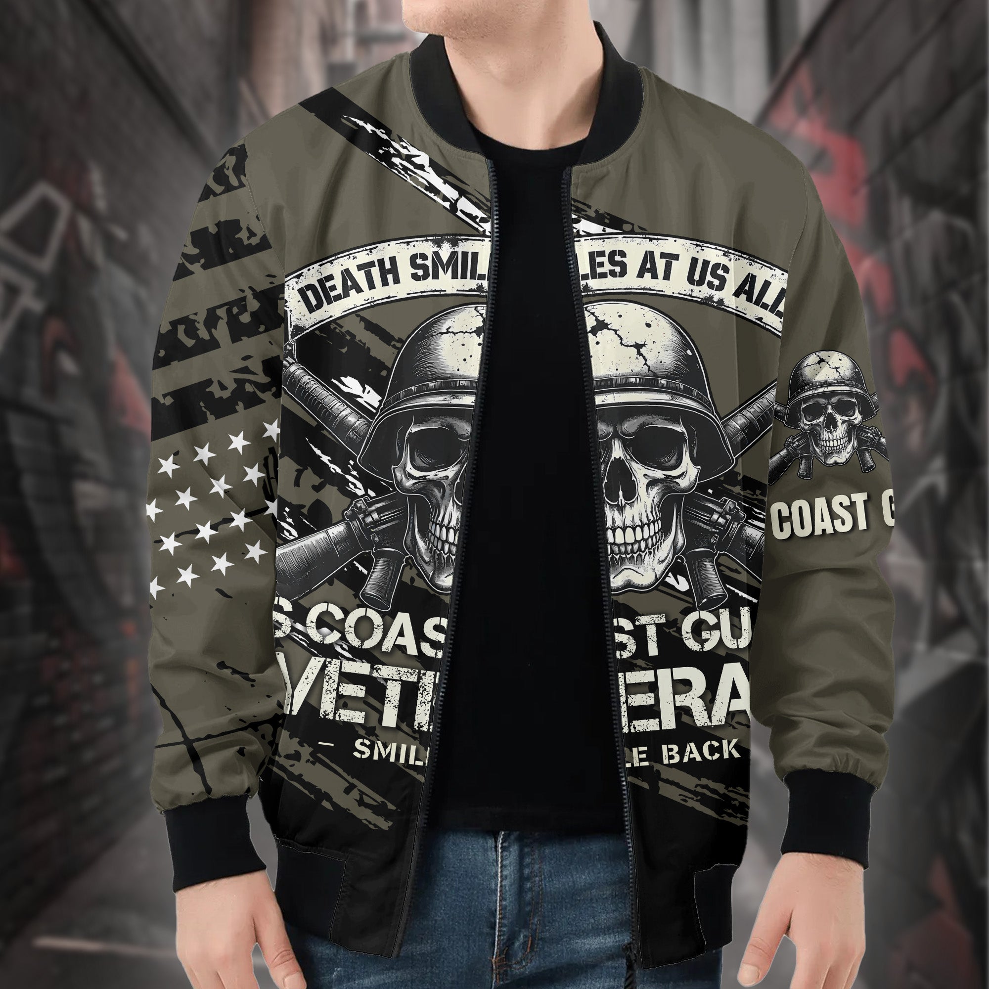 Death Smiles at Us All U.S. Veteran Smile Back Our Job Is to Defend Not to Appease All-over Print Bomber Jacket