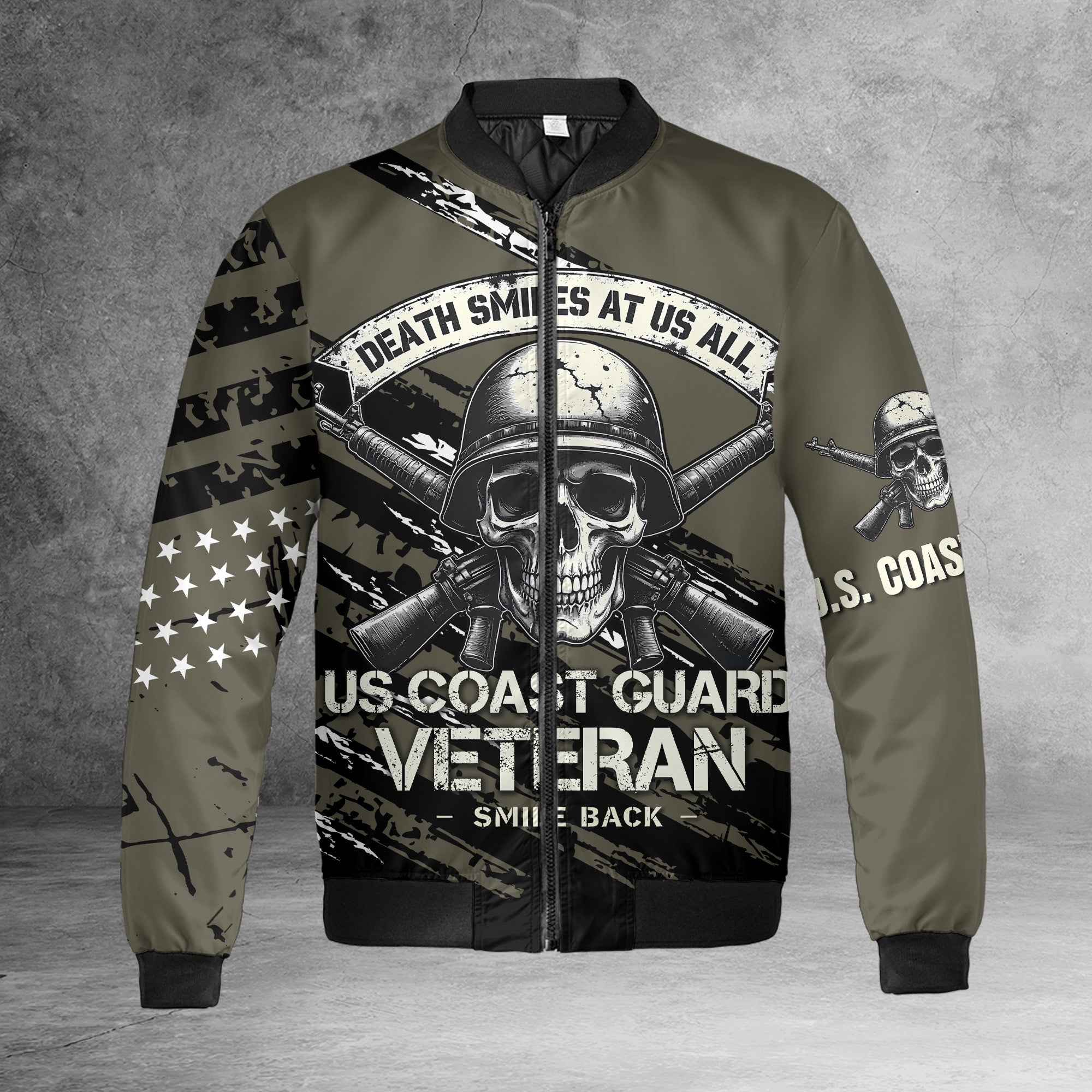 Death Smiles at Us All U.S. Veteran Smile Back Our Job Is to Defend Not to Appease All-over Print Bomber Jacket