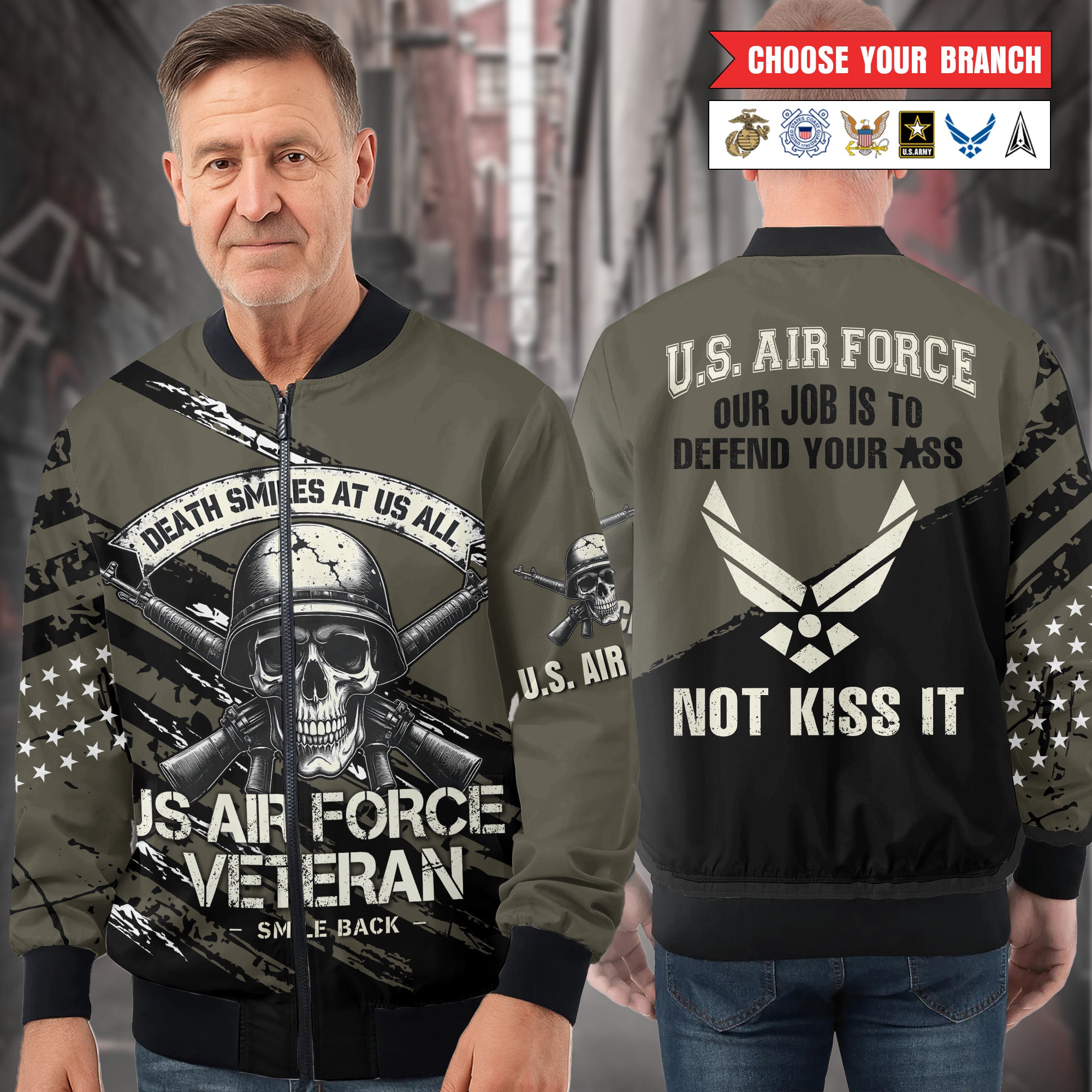 Death Smiles at Us All U.S. Veteran Smile Back Our Job Is to Defend Not to Appease All-over Print Bomber Jacket