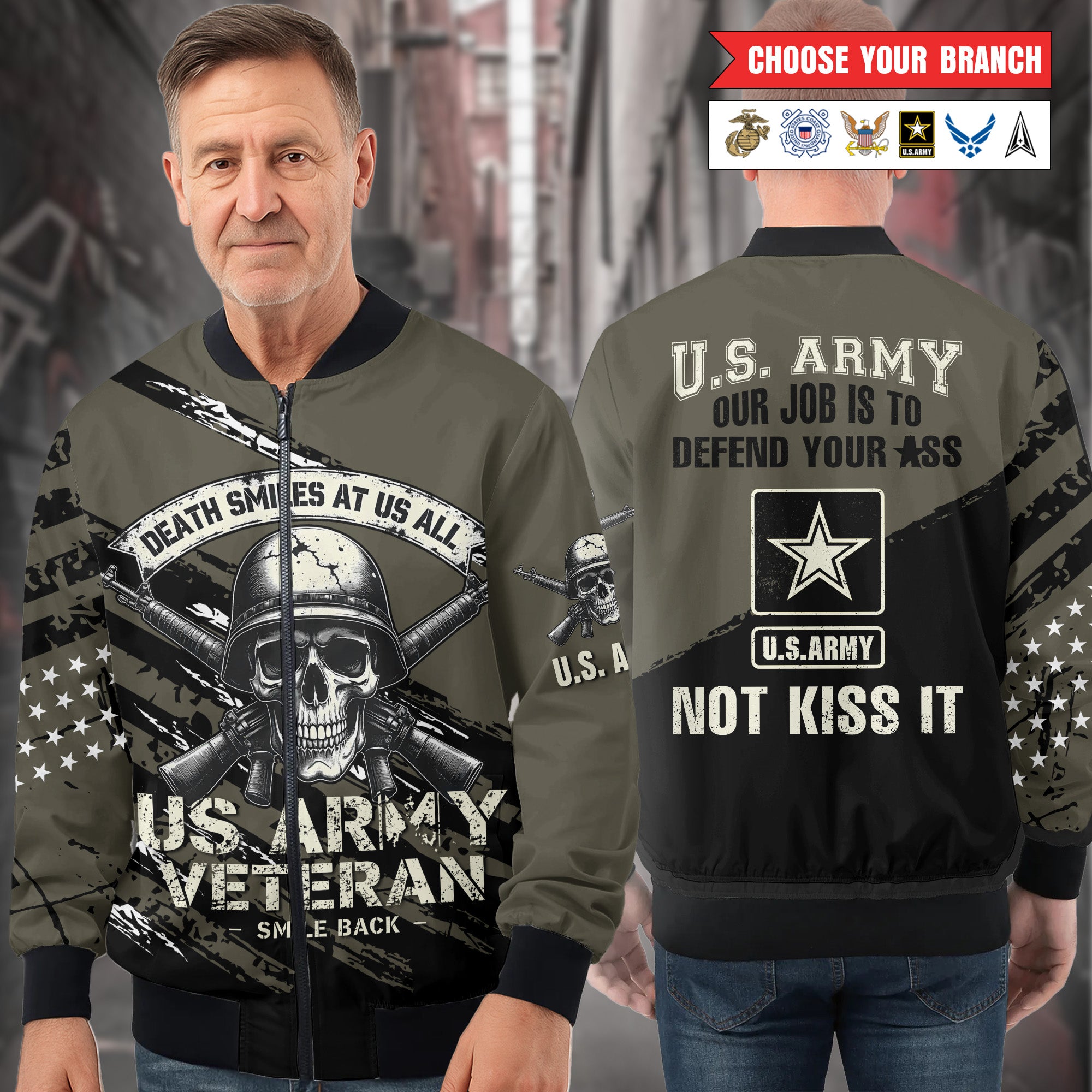 Death Smiles at Us All U.S. Veteran Smile Back Our Job Is to Defend Not to Appease All-over Print Bomber Jacket