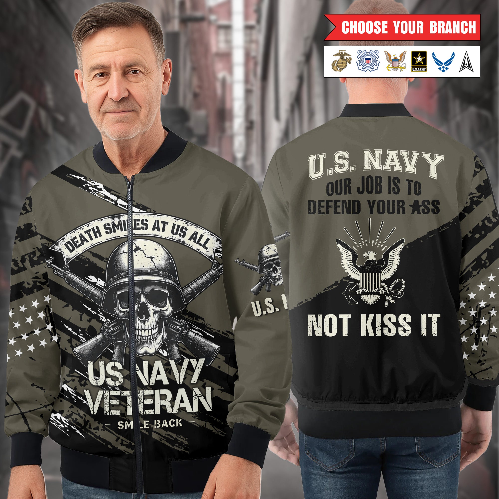 Death Smiles at Us All U.S. Veteran Smile Back Our Job Is to Defend Not to Appease All-over Print Bomber Jacket