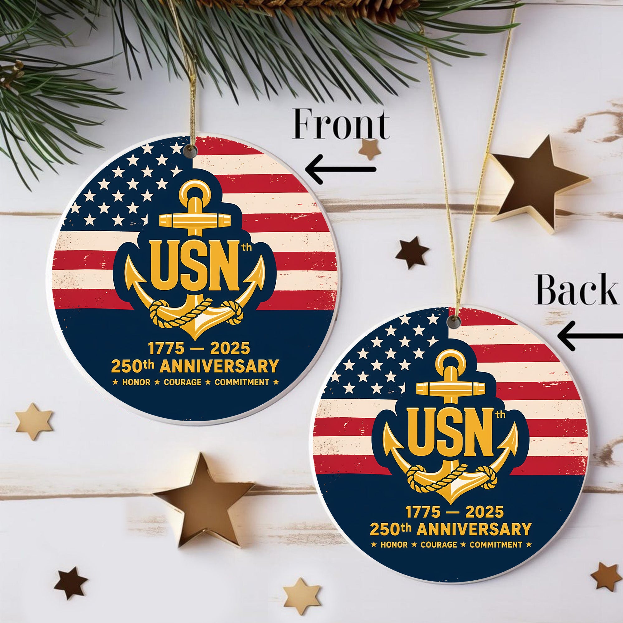 USN 1775 2025 250th Anniversary Honor Courage Commitment United States Navy Veteran Ornament