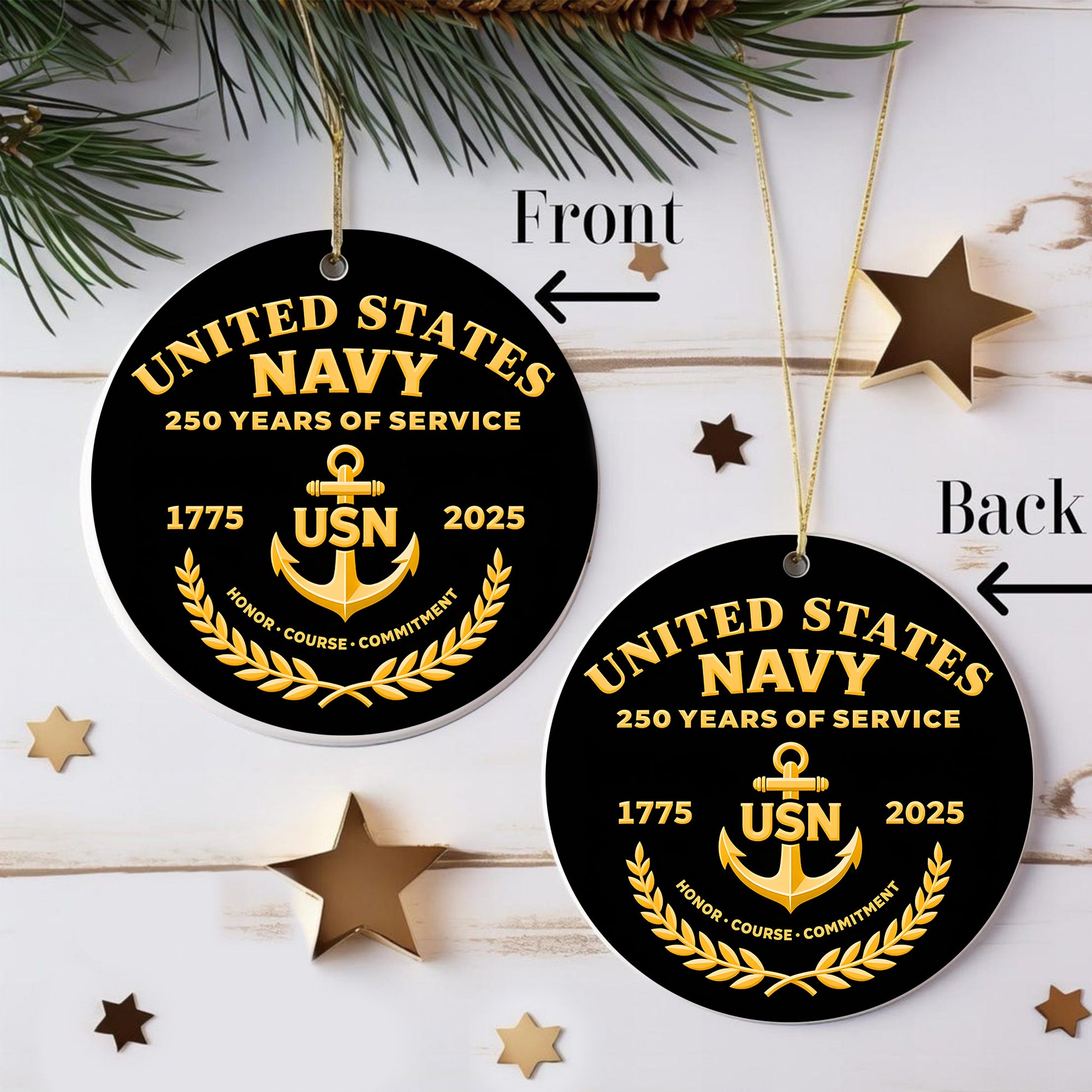 United States Navy 250 Years of Service 1775 2025 USN Honor Courage Commitment Veteran Ornament
