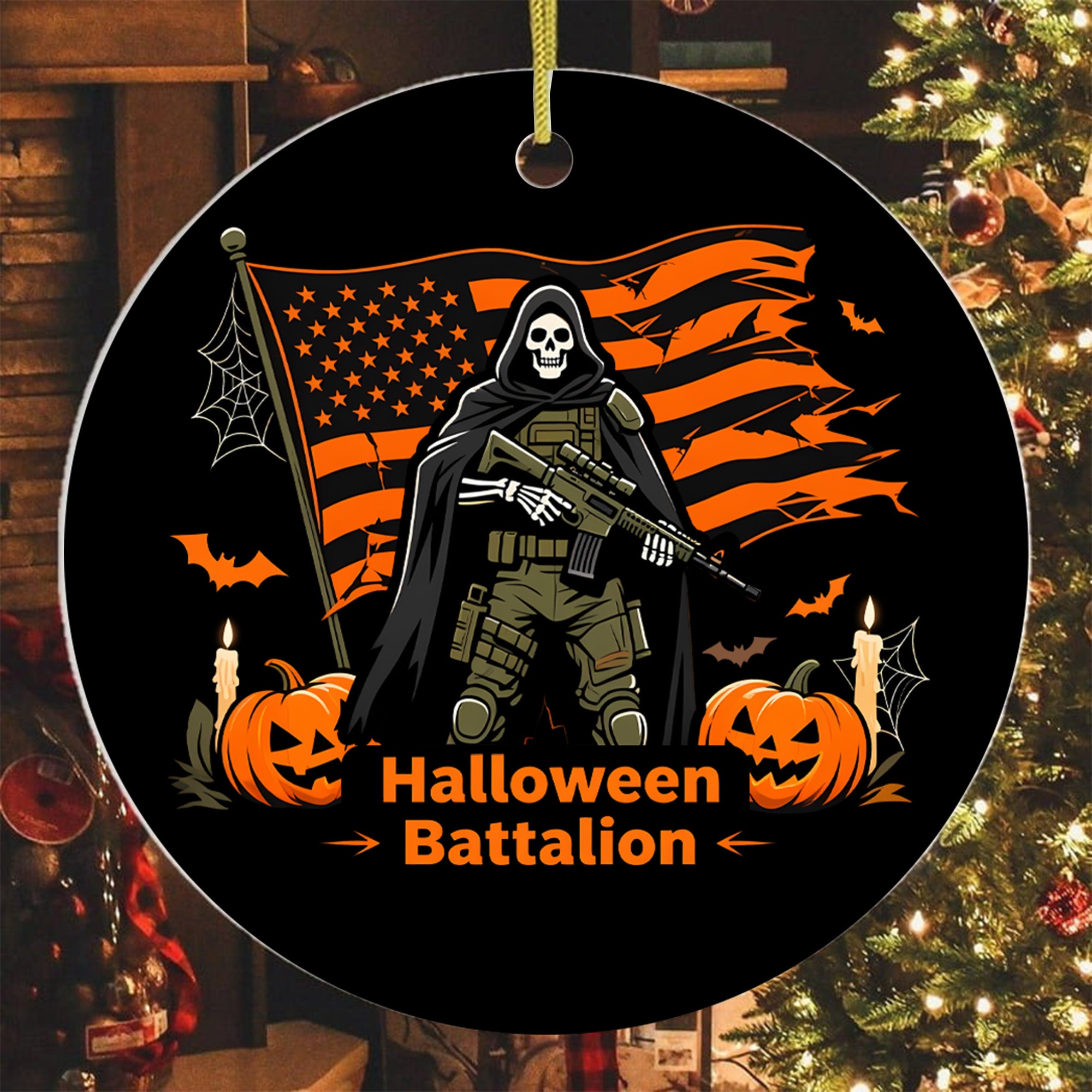 Halloween Battalion Spooky Season Military Patriotic Veteran Ghost Skull Ornament