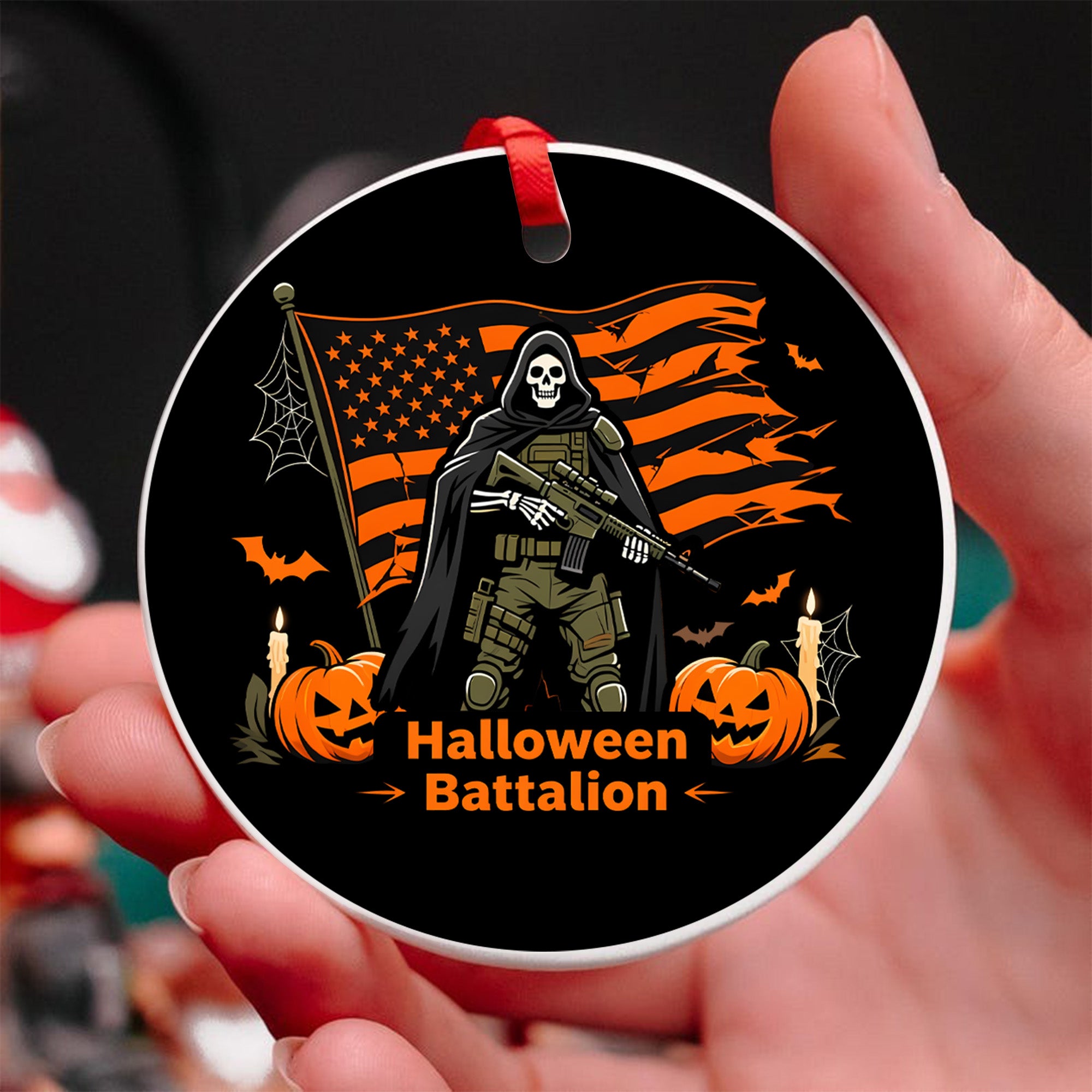 Halloween Battalion Spooky Season Military Patriotic Veteran Ghost Skull Ornament