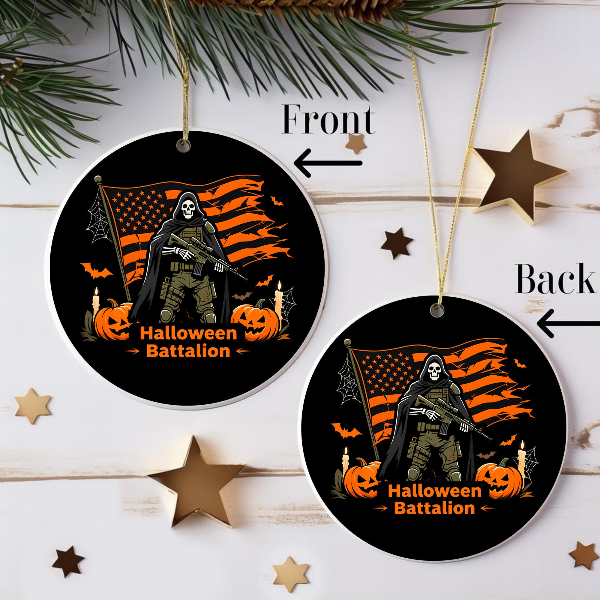 Halloween Battalion Spooky Season Military Patriotic Veteran Ghost Skull Ornament