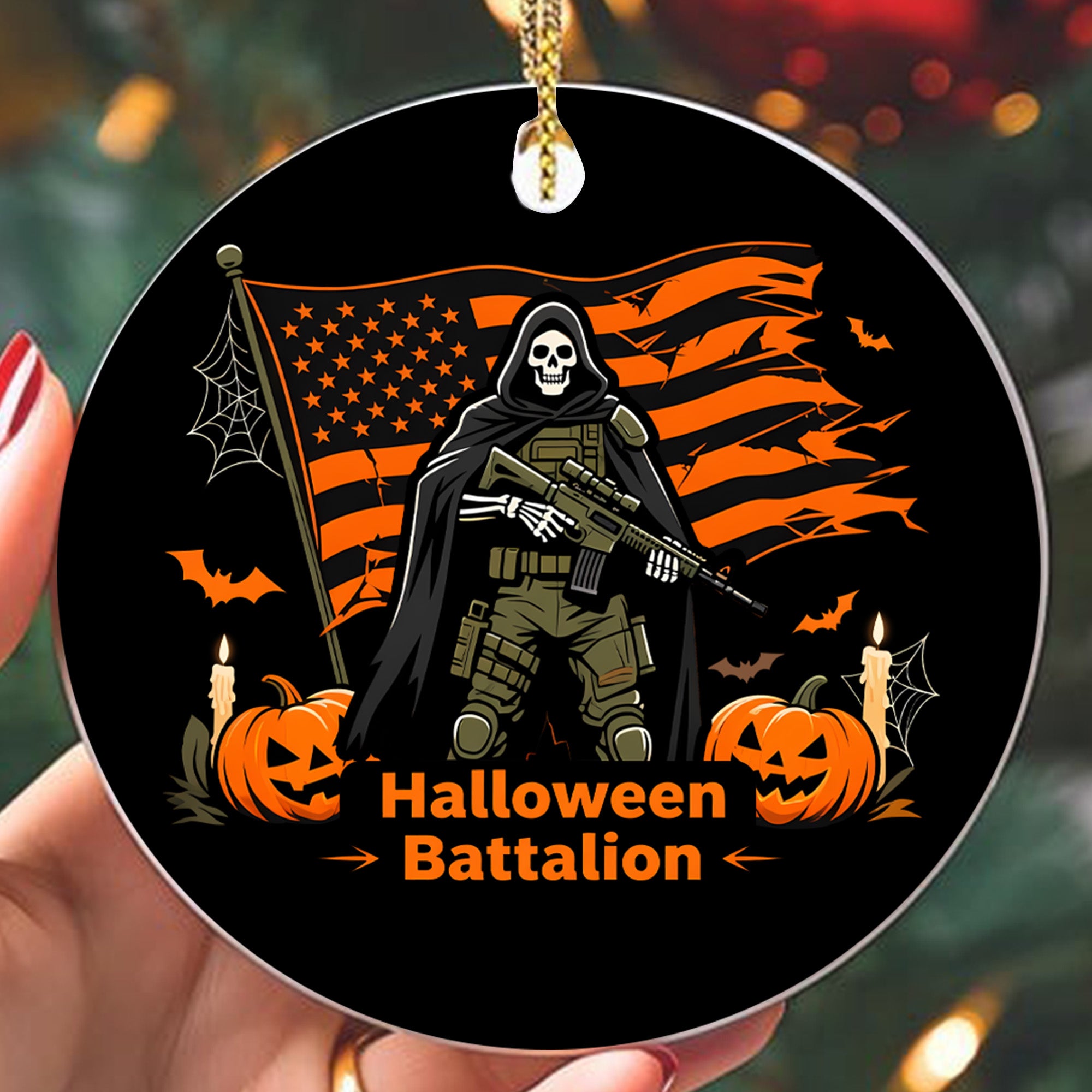 Halloween Battalion Spooky Season Military Patriotic Veteran Ghost Skull Ornament