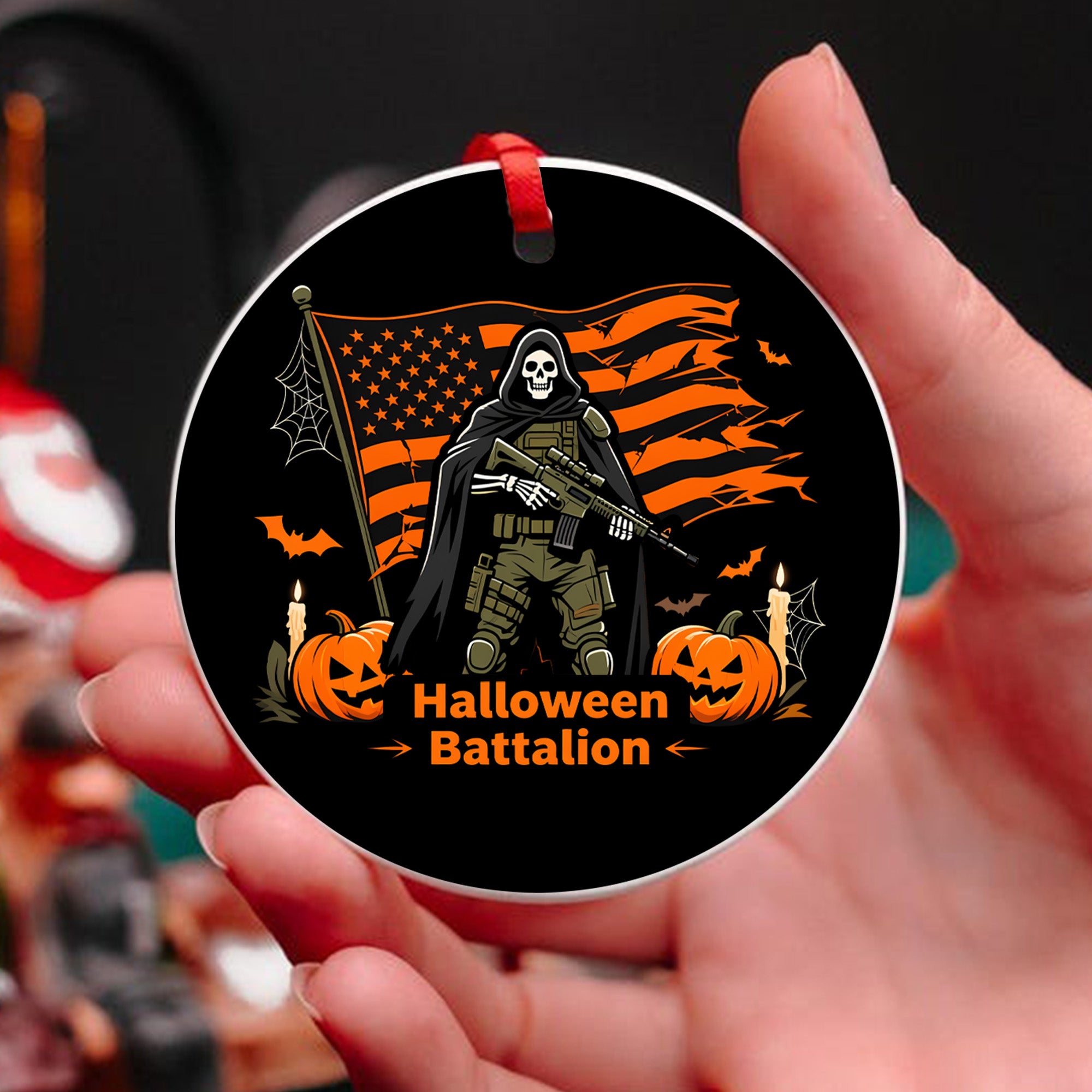 Halloween Battalion Spooky Season Military Patriotic Veteran Ghost Skull Ornament