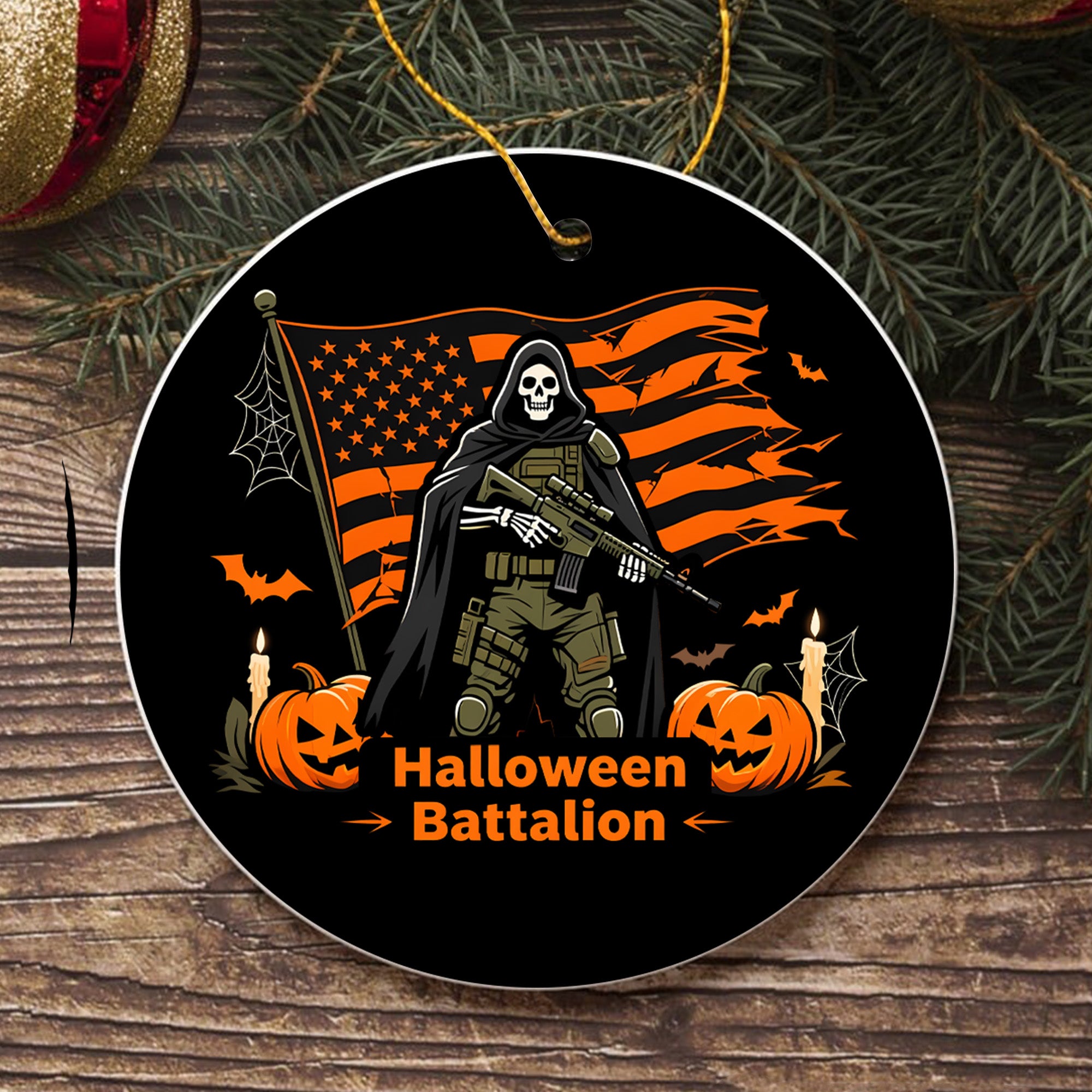 Halloween Battalion Spooky Season Military Patriotic Veteran Ghost Skull Ornament