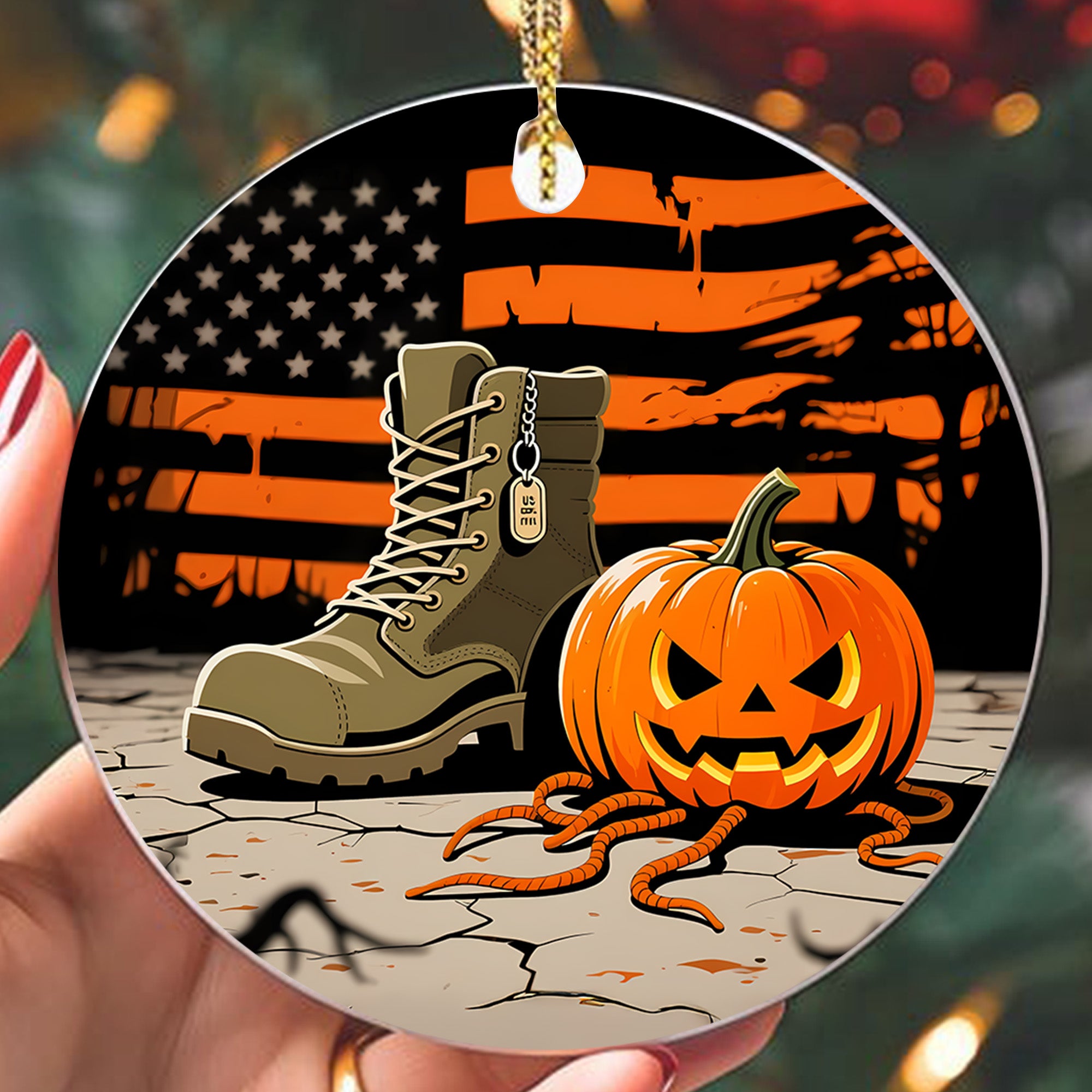 Halloween US Army Military Veteran Patriotic Spooky Season Outfit Ornament