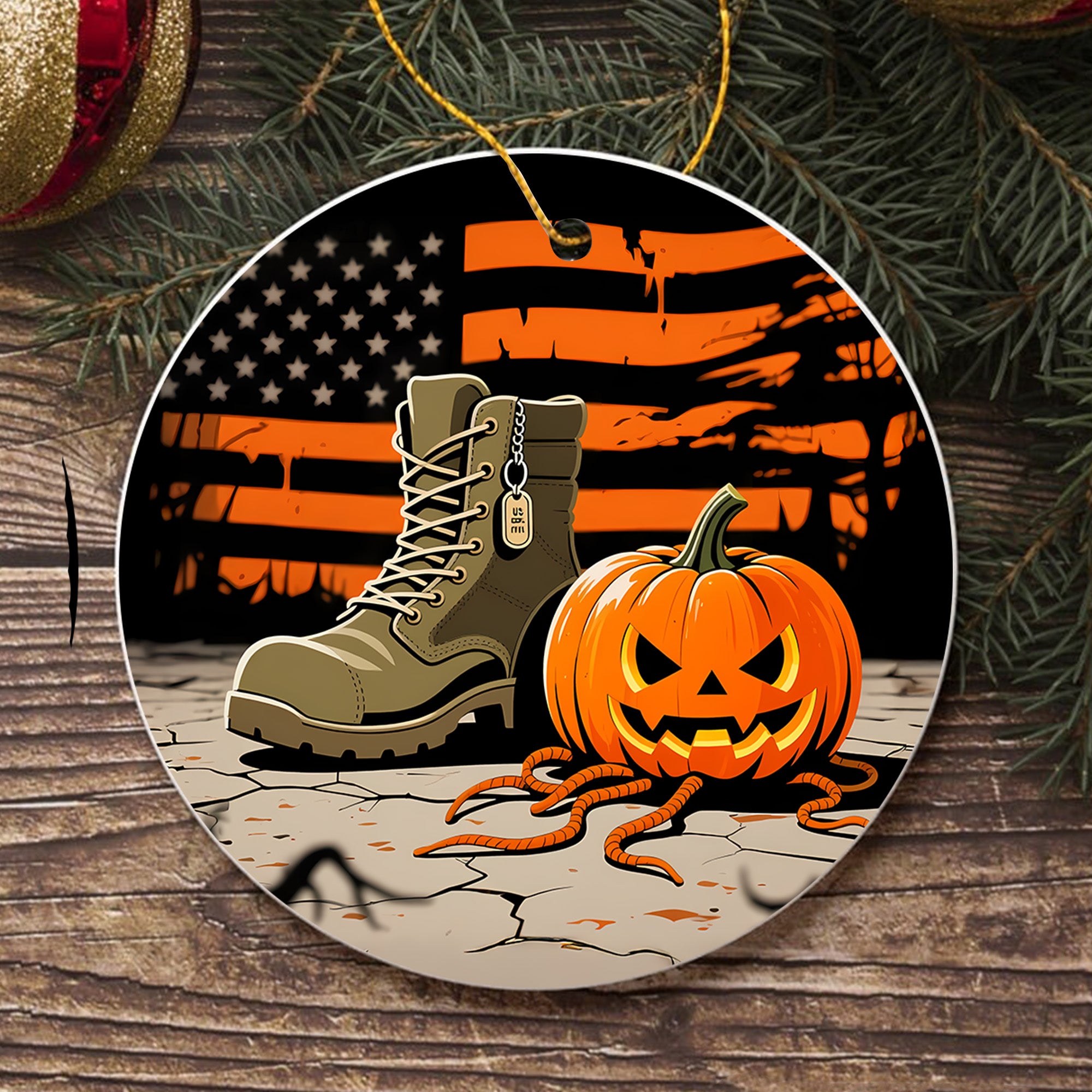 Halloween US Army Military Veteran Patriotic Spooky Season Outfit Ornament