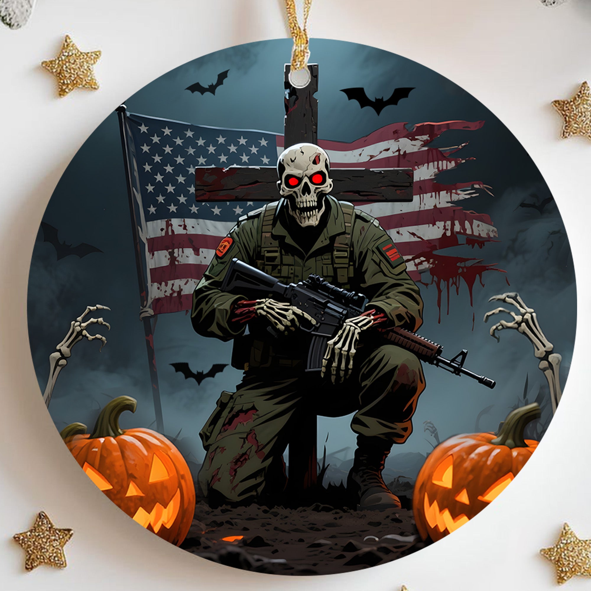 Haunted But Proud Veteran Forever Military Patriotic Halloween Spooky Season Ornament