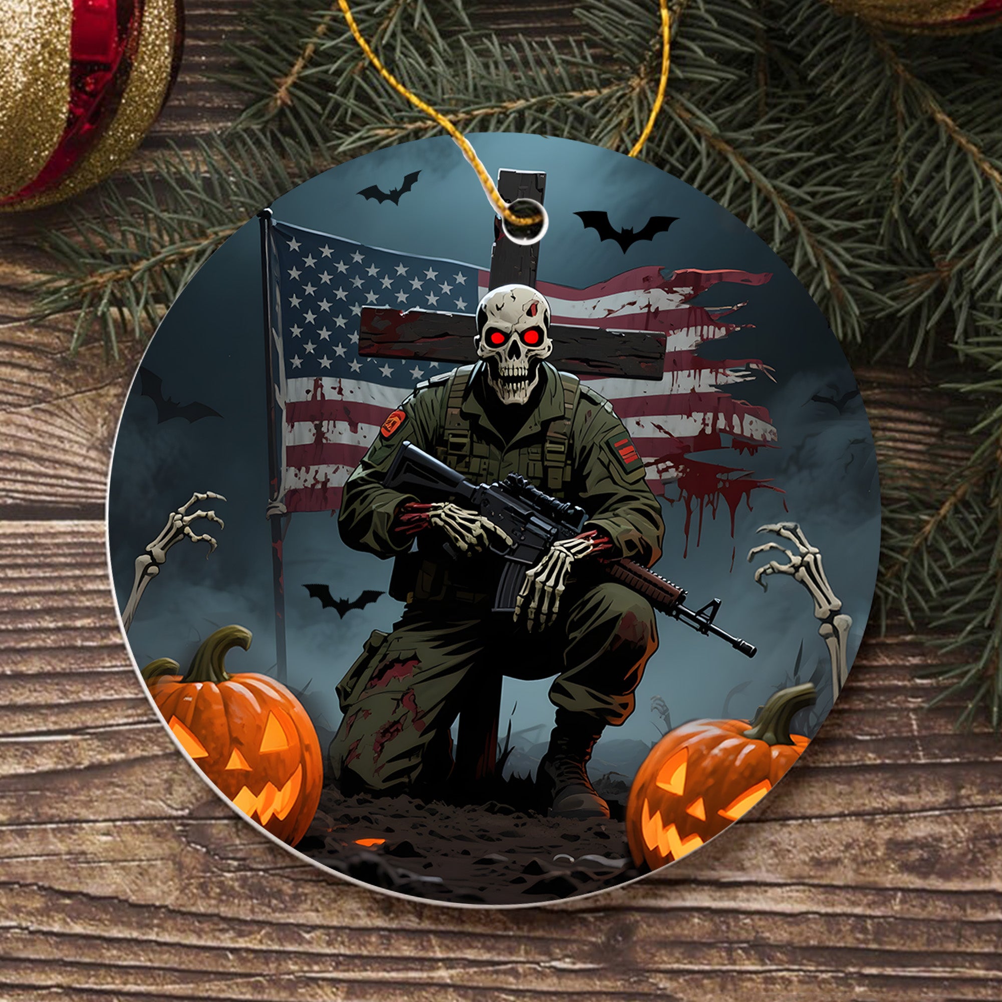 Haunted But Proud Veteran Forever Military Patriotic Halloween Spooky Season Ornament