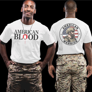 American Blood American Warrior Fierce Patriotic Tribute to Strength Sacrifice and Valor T-Shirt