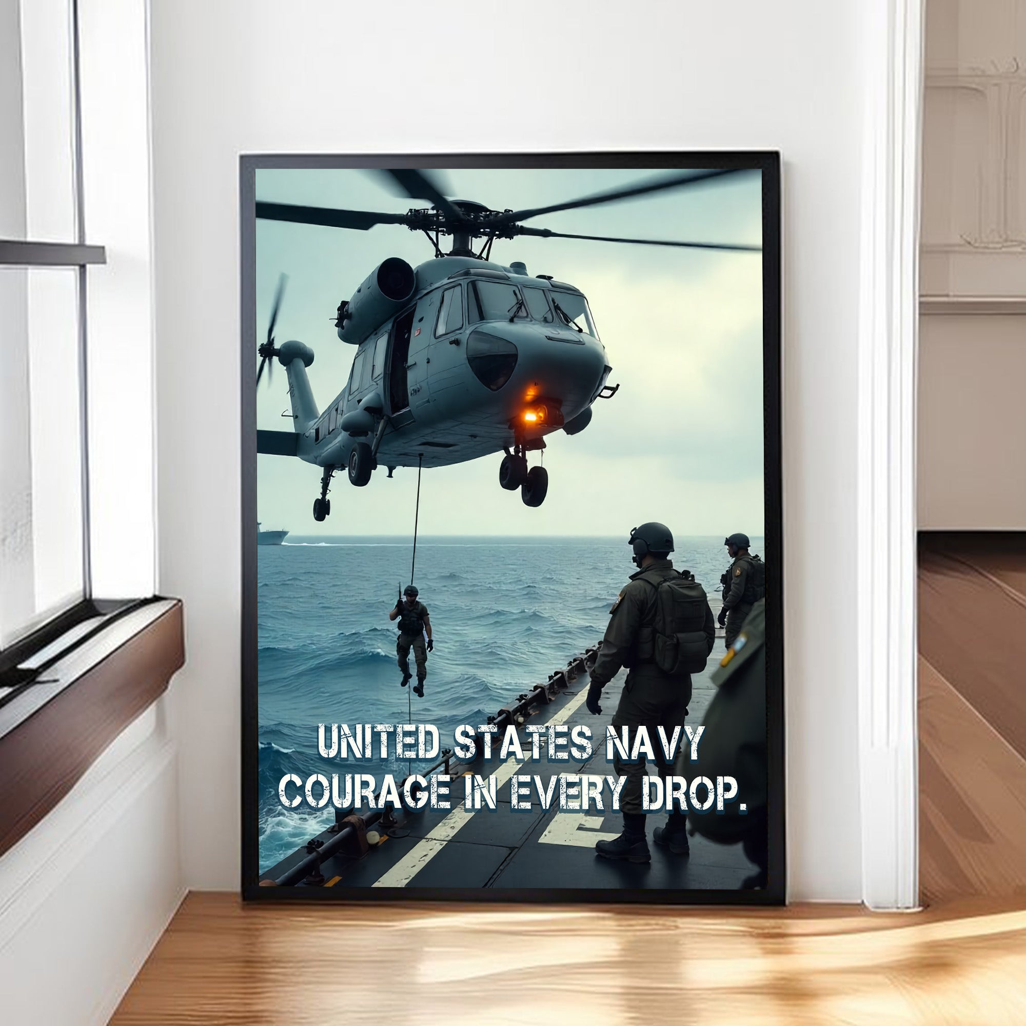 United States Navy Courage in Every Drop Valor at Sea Commitment in Every Sailor’s Heart Poster