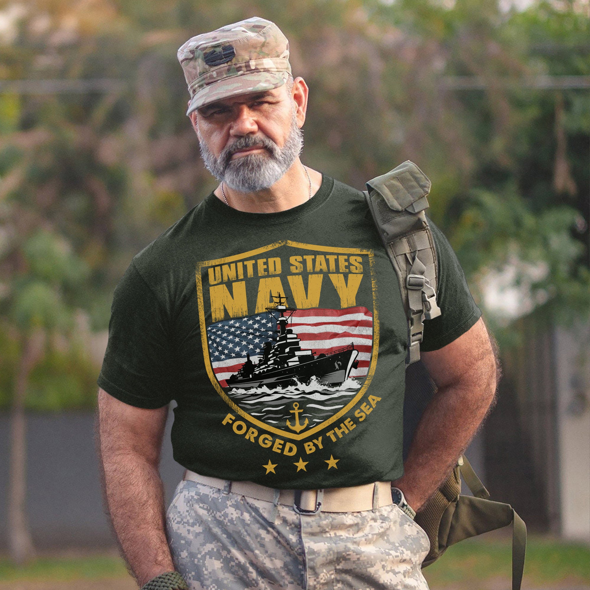 Forged by the Sea Strengthened by Service Anchored in Honor Proud to Be a U.S. Navy Veteran T-Shirt