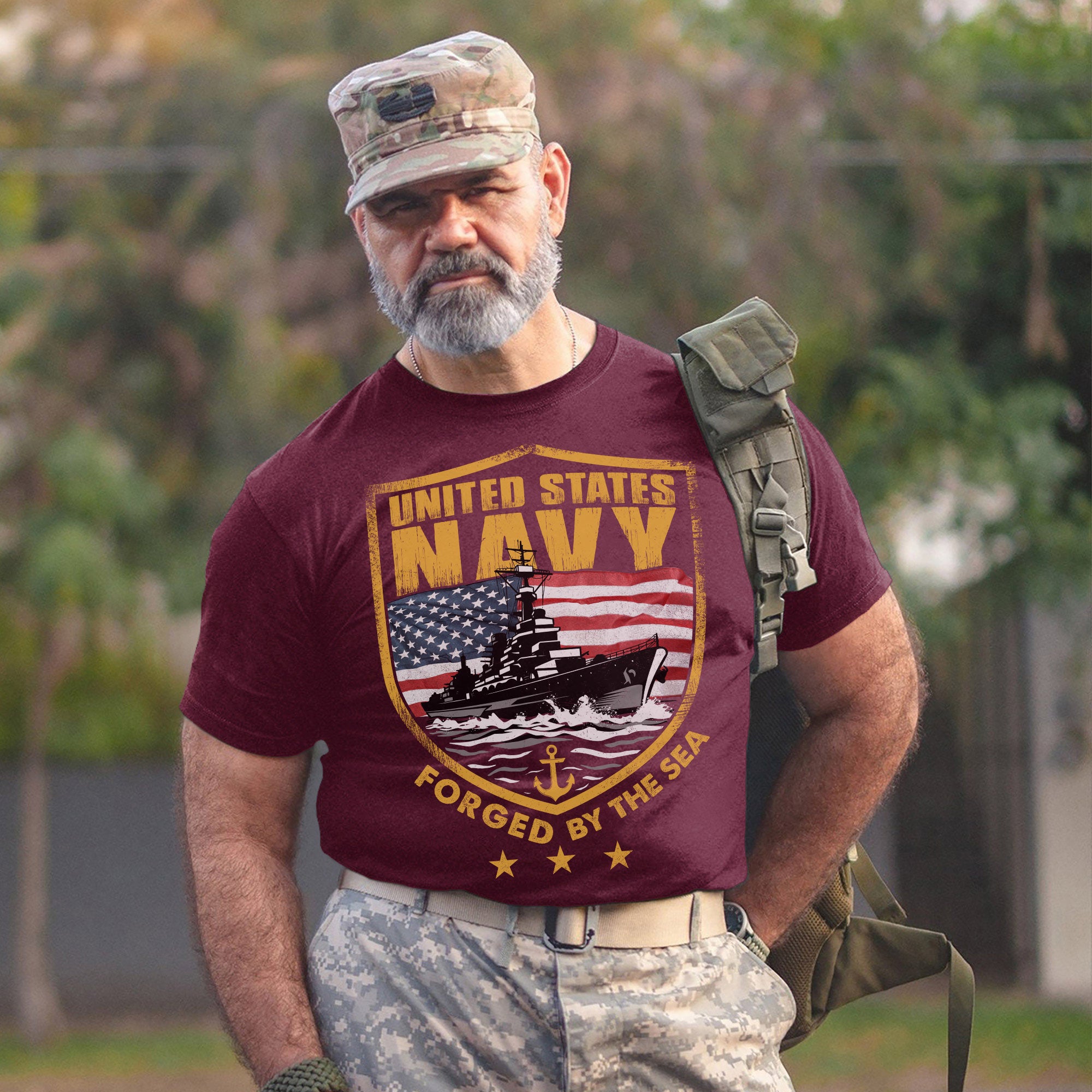 Forged by the Sea Strengthened by Service Anchored in Honor Proud to Be a U.S. Navy Veteran T-Shirt