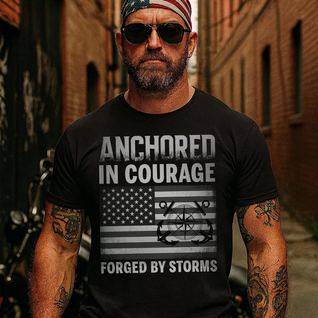 Anchored in Courage Forged by Storms Built by the Sea Strengthened by Service and Veteran Pride T-Shirt