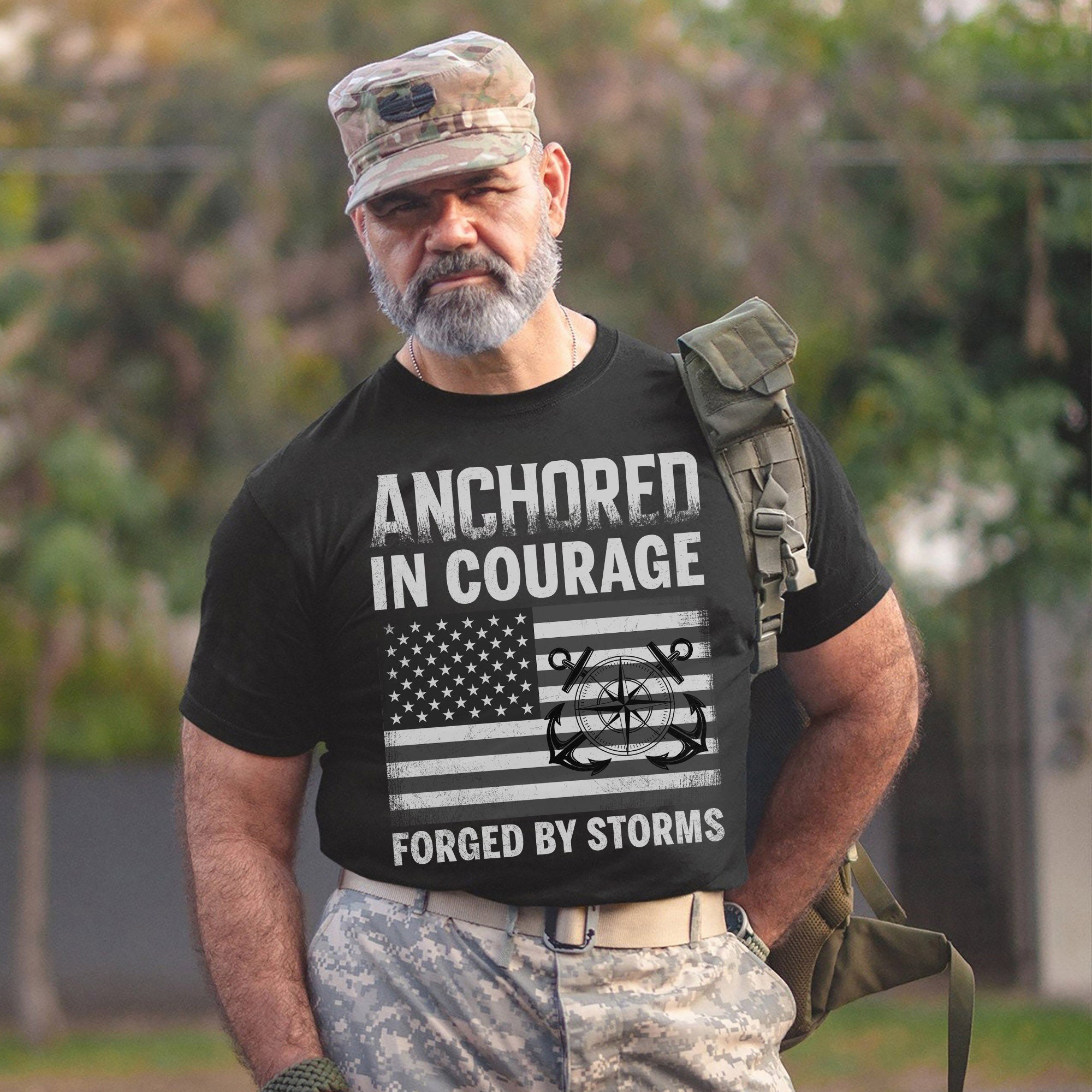 Anchored in Courage Forged by Storms Built by the Sea Strengthened by Service and Veteran Pride T-Shirt