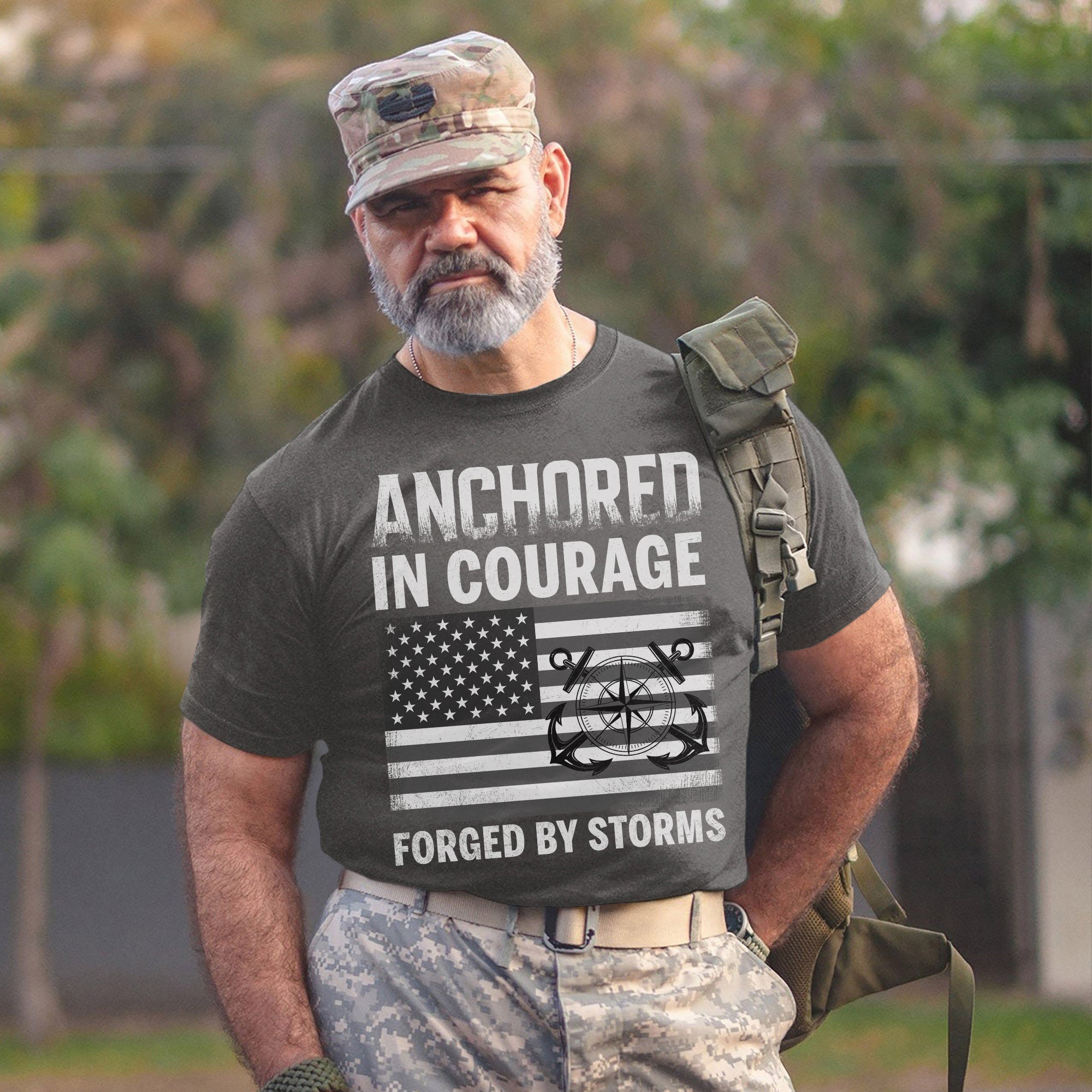 Anchored in Courage Forged by Storms Built by the Sea Strengthened by Service and Veteran Pride T-Shirt