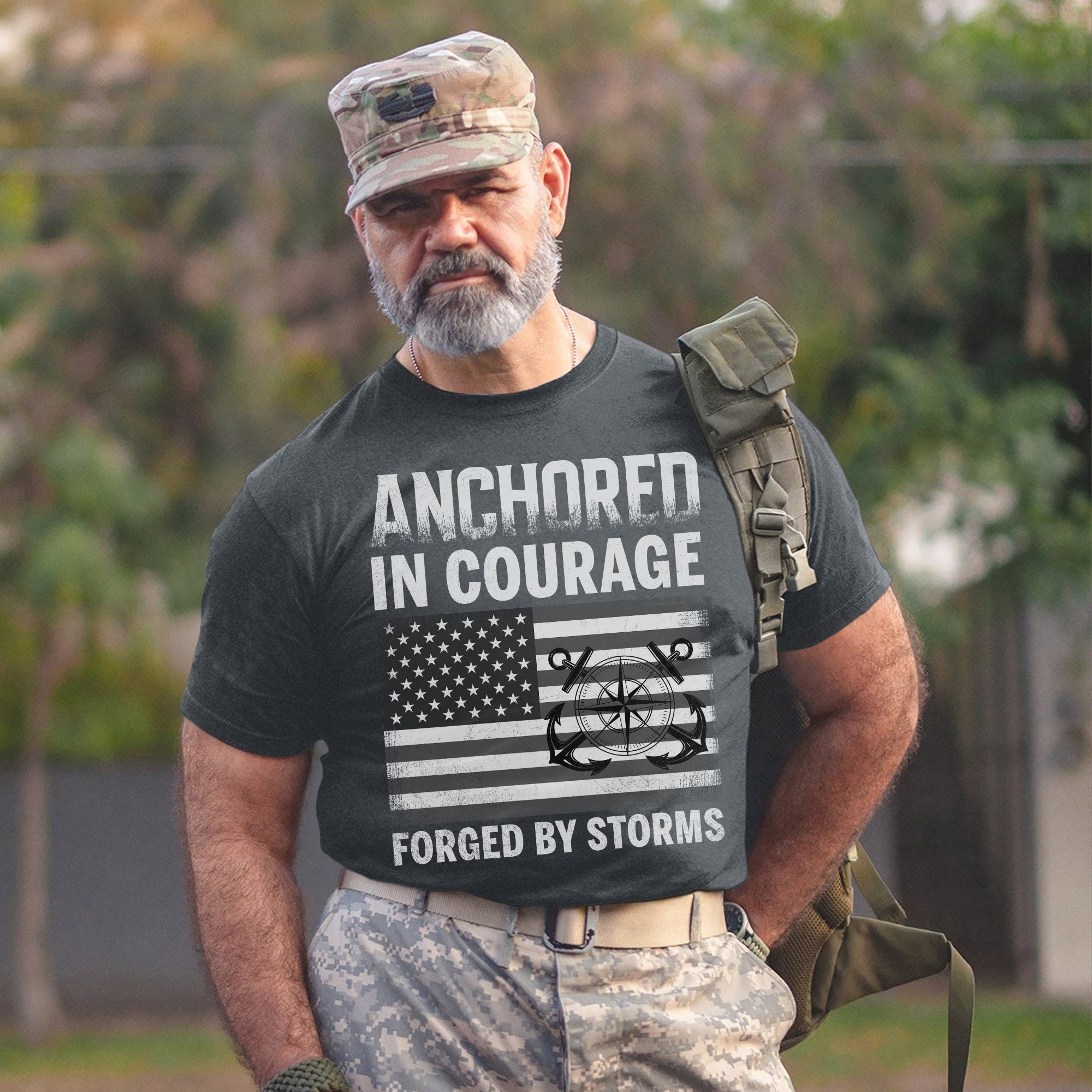 Anchored in Courage Forged by Storms Built by the Sea Strengthened by Service and Veteran Pride T-Shirt