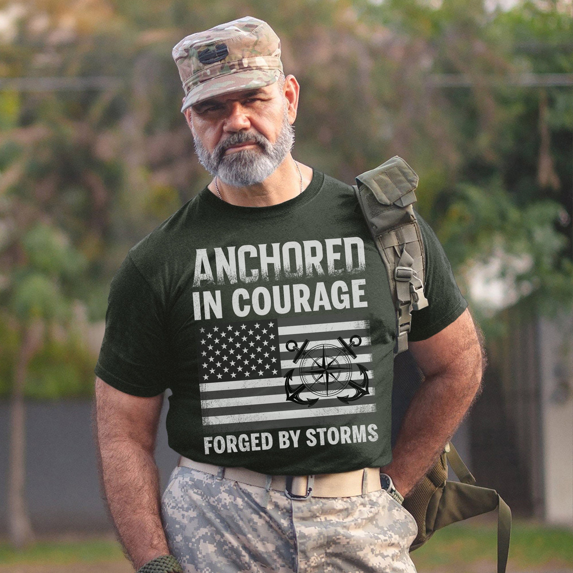 Anchored in Courage Forged by Storms Built by the Sea Strengthened by Service and Veteran Pride T-Shirt
