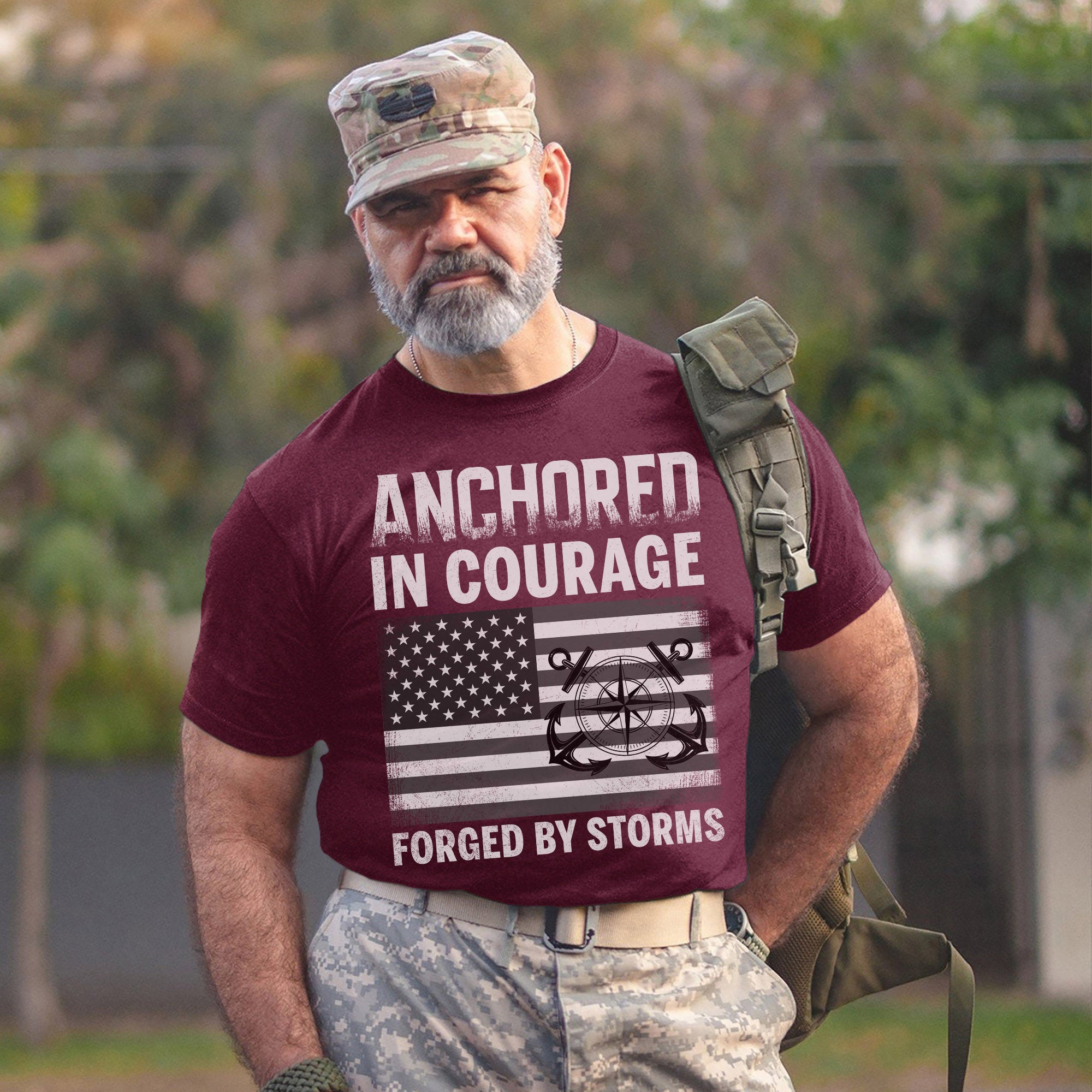 Anchored in Courage Forged by Storms Built by the Sea Strengthened by Service and Veteran Pride T-Shirt
