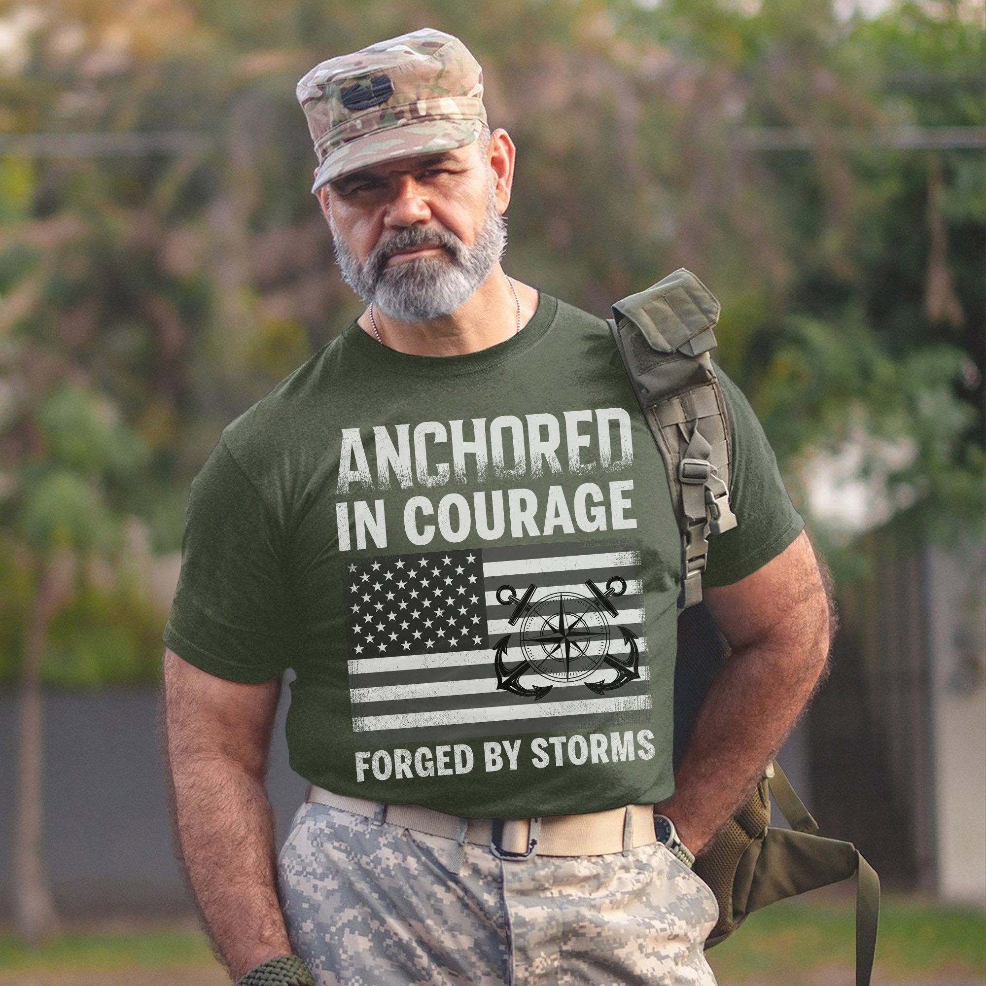 Anchored in Courage Forged by Storms Built by the Sea Strengthened by Service and Veteran Pride T-Shirt