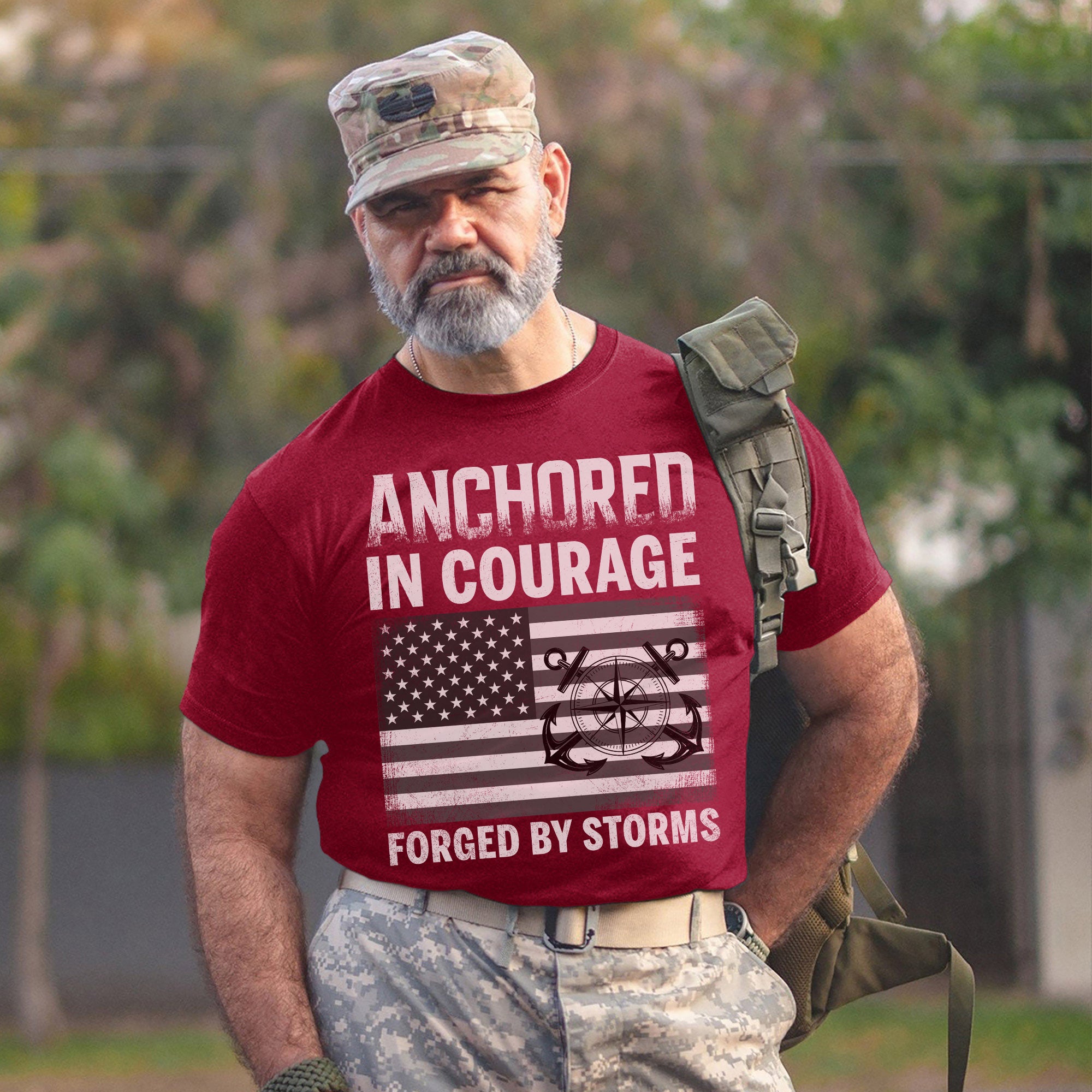 Anchored in Courage Forged by Storms Built by the Sea Strengthened by Service and Veteran Pride T-Shirt