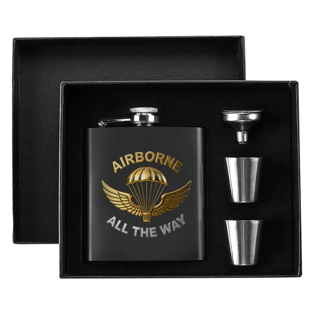 Airborne All the Way Proud US Military Veteran Honor Courage Brotherhood Always Hip Flask Set