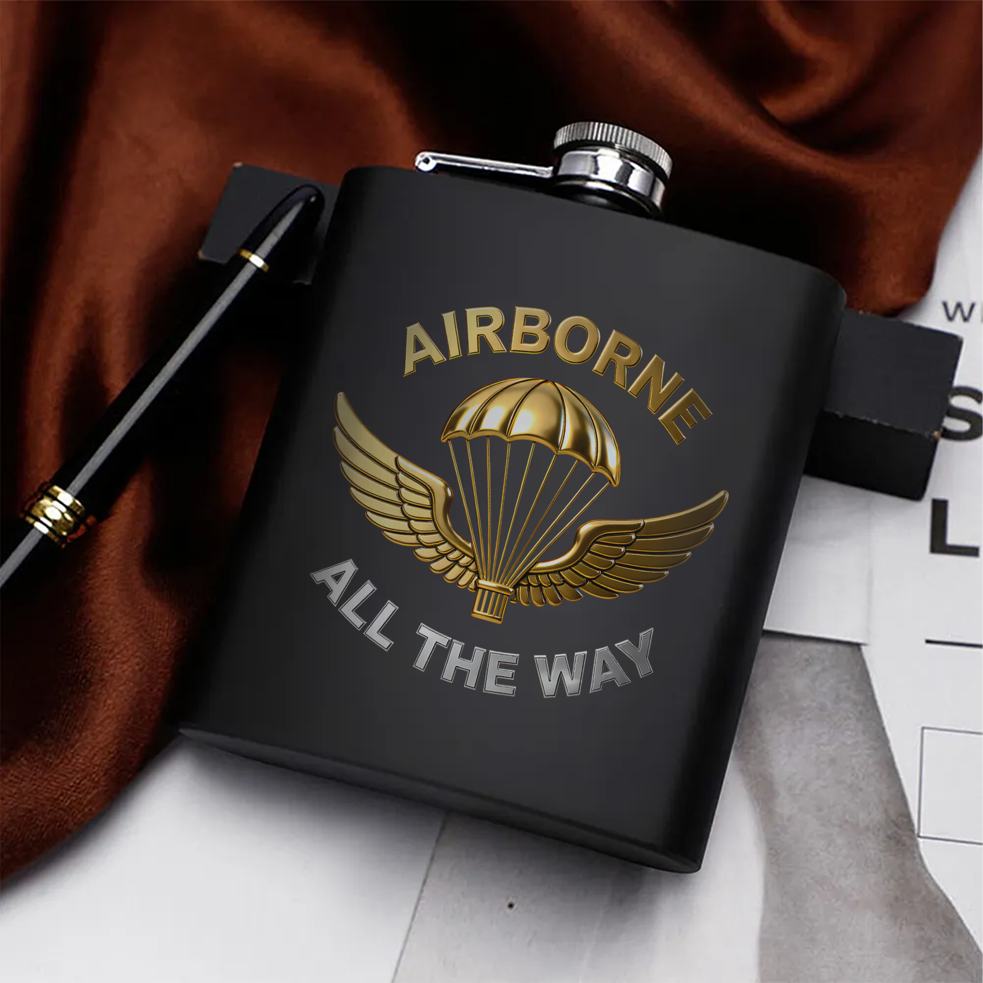 Airborne All the Way Proud US Military Veteran Honor Courage Brotherhood Always Hip Flask Set
