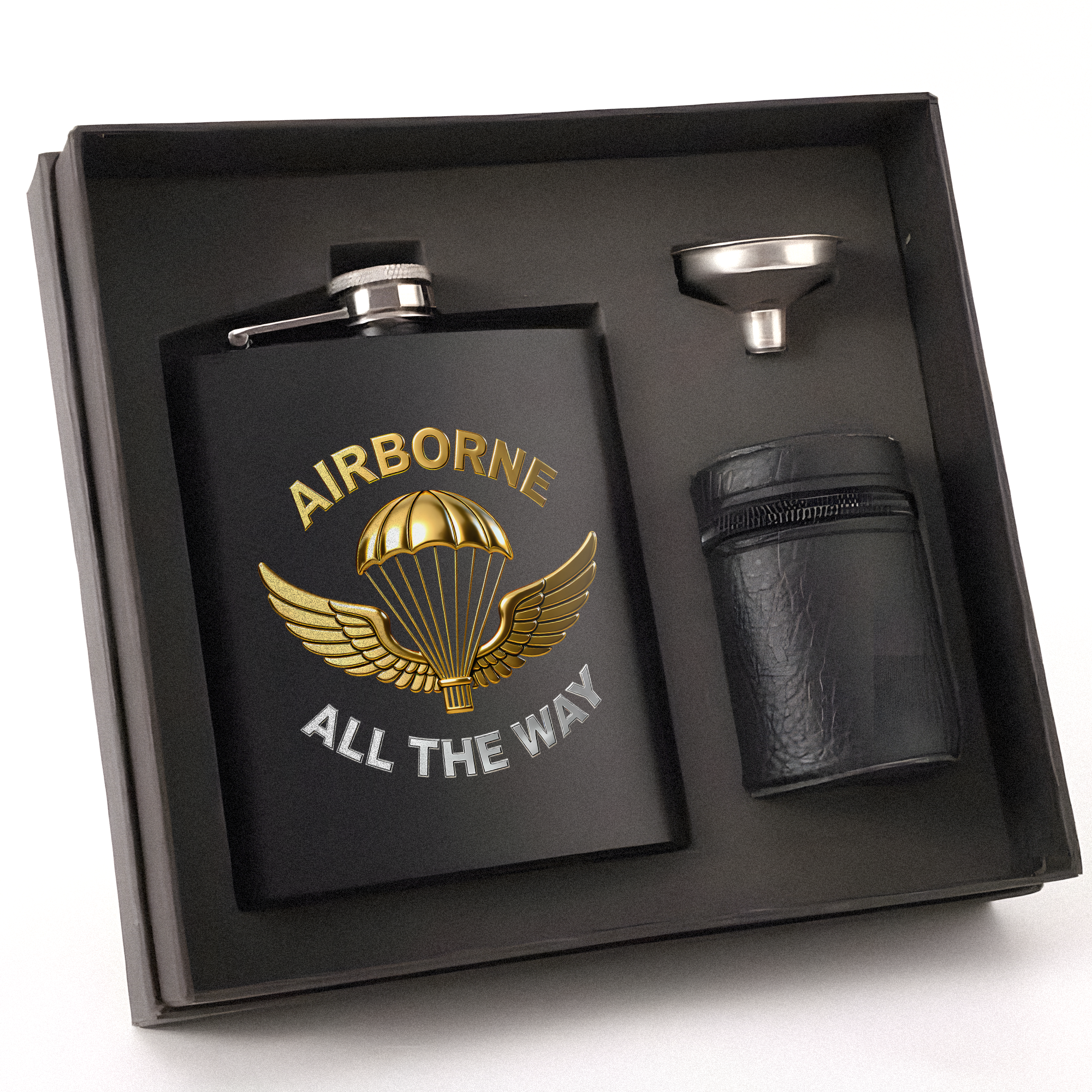 Airborne All the Way Proud US Military Veteran Honor Courage Brotherhood Always Hip Flask Set