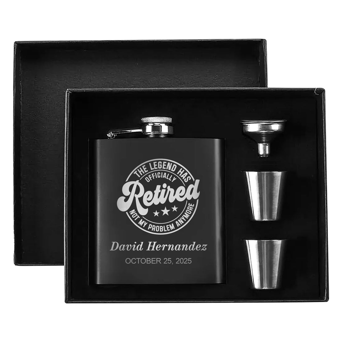 Legendary Retirement Celebration Gift Set Personalized Hip Flask Set