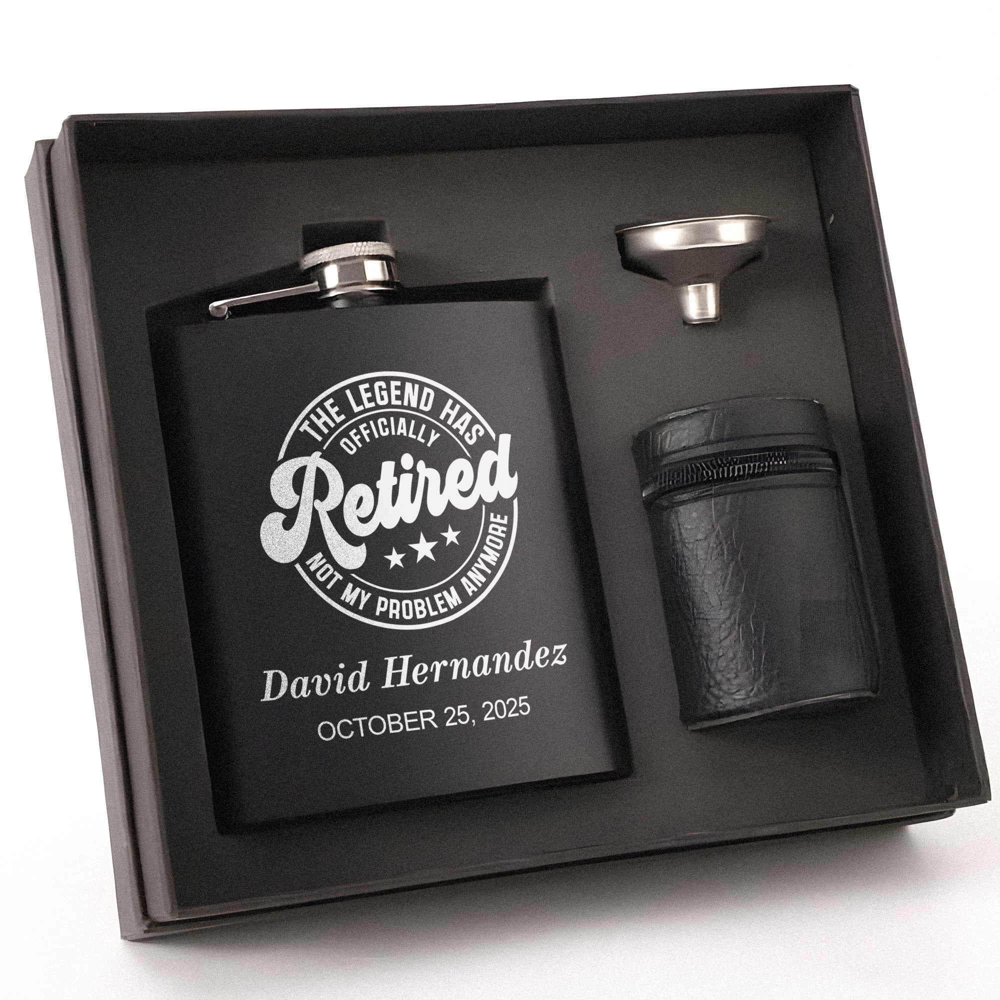 Legendary Retirement Celebration Gift Set Personalized Hip Flask Set