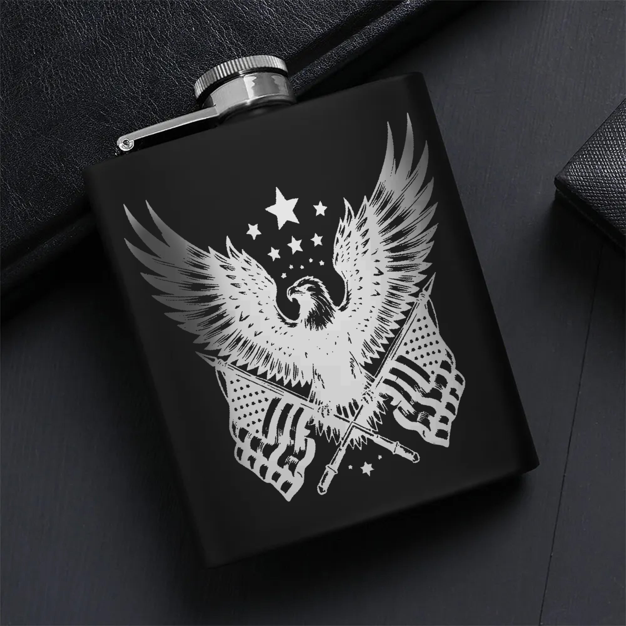 Patriotic Eagle and Flag Design Hip Flask Set