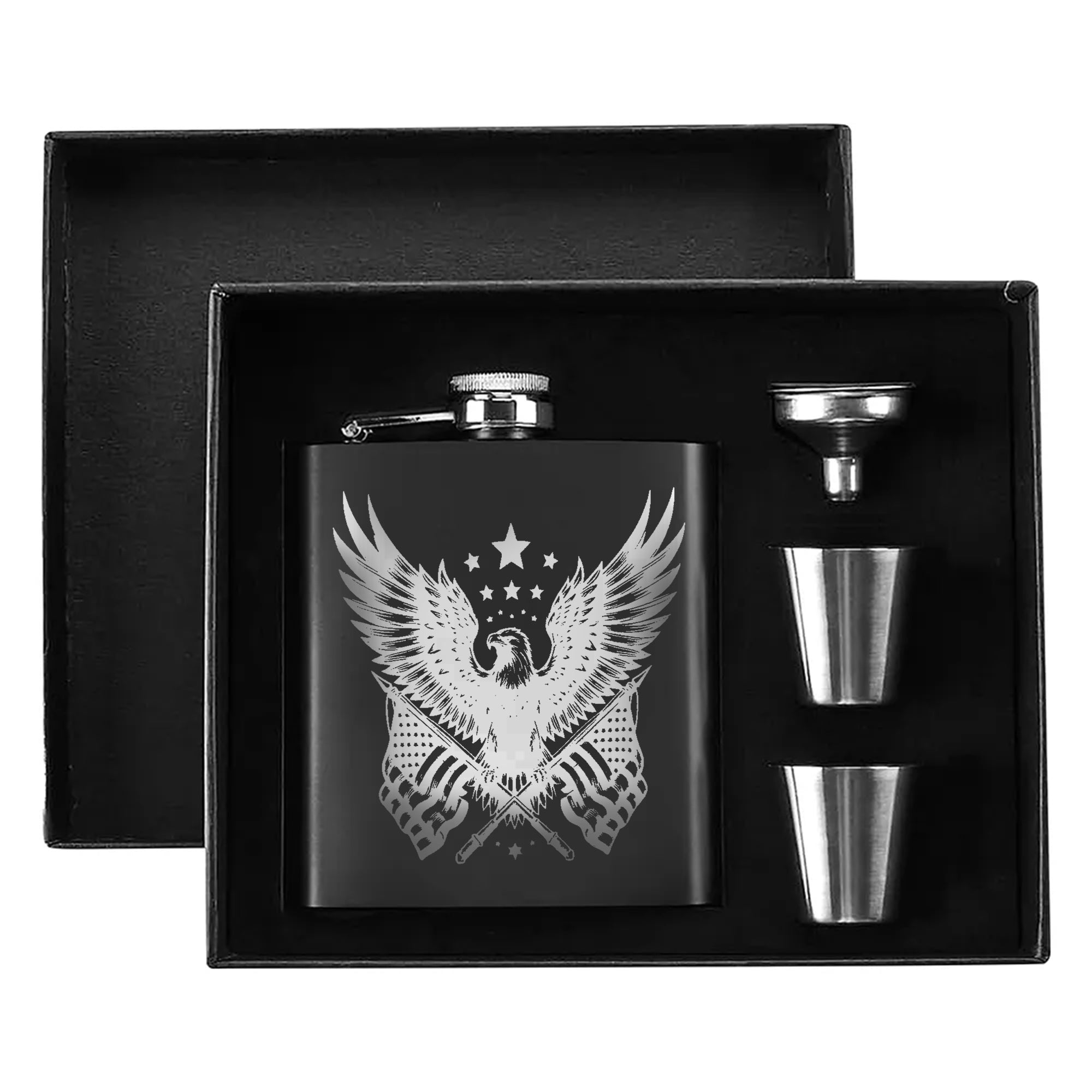 Patriotic Eagle and Flag Design Hip Flask Set