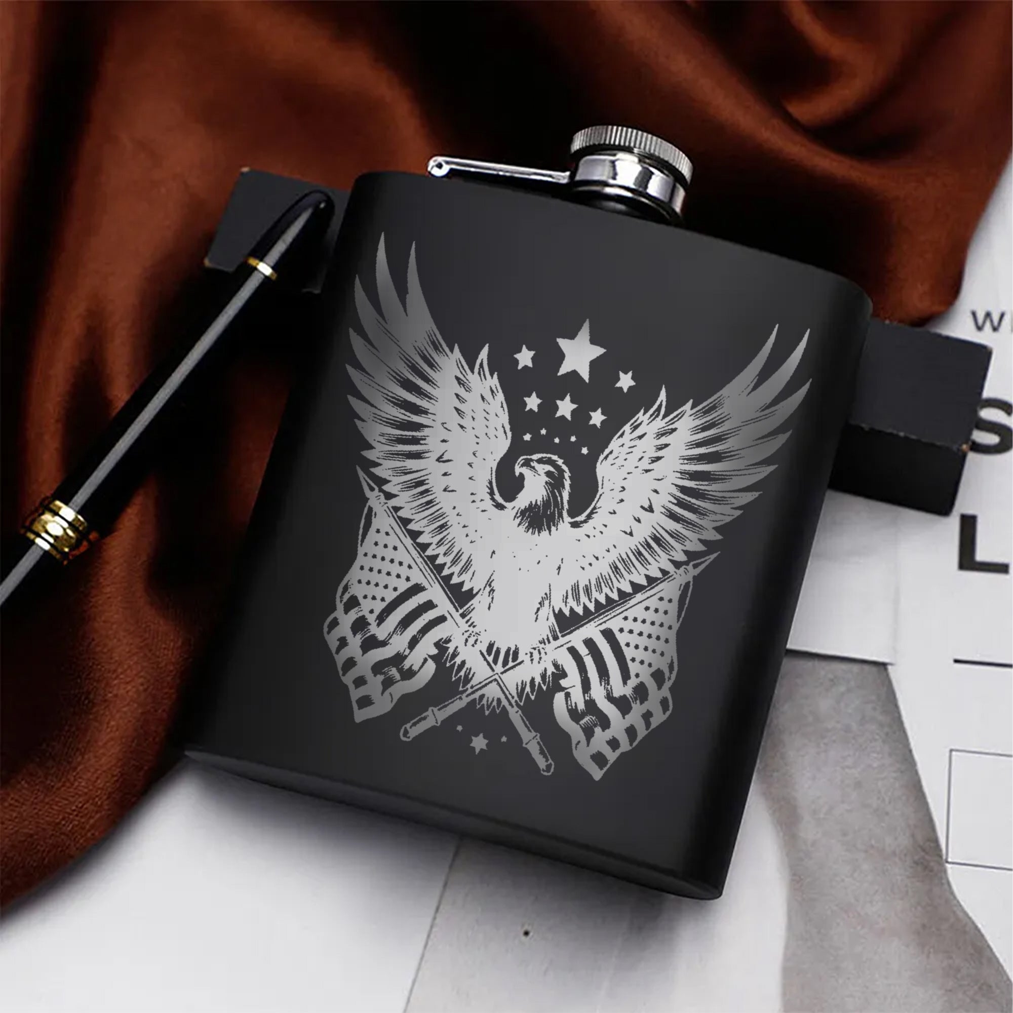 Patriotic Eagle and Flag Design Hip Flask Set